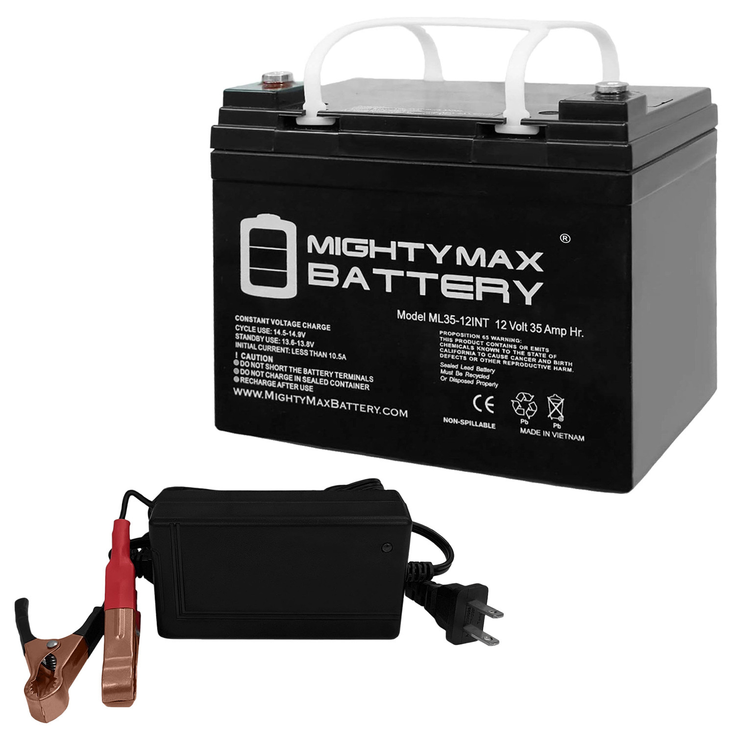 ML35-12INT - 12 Volt 35 AH, Internal Thread (INT) Terminal, Rechargeable SLA AGM Battery + 12V 4Amp Charger