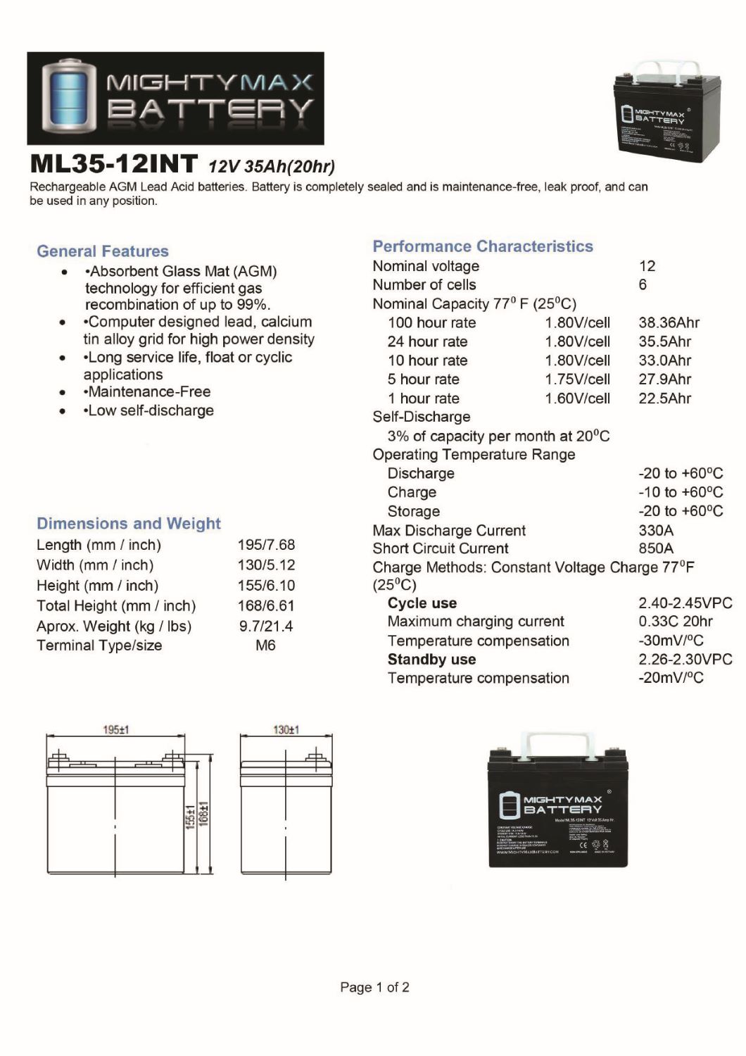 ML35-12INT - 12 Volt 35 AH, Internal Thread (INT) Terminal, Rechargeable SLA AGM Battery + 12V 4Amp Charger