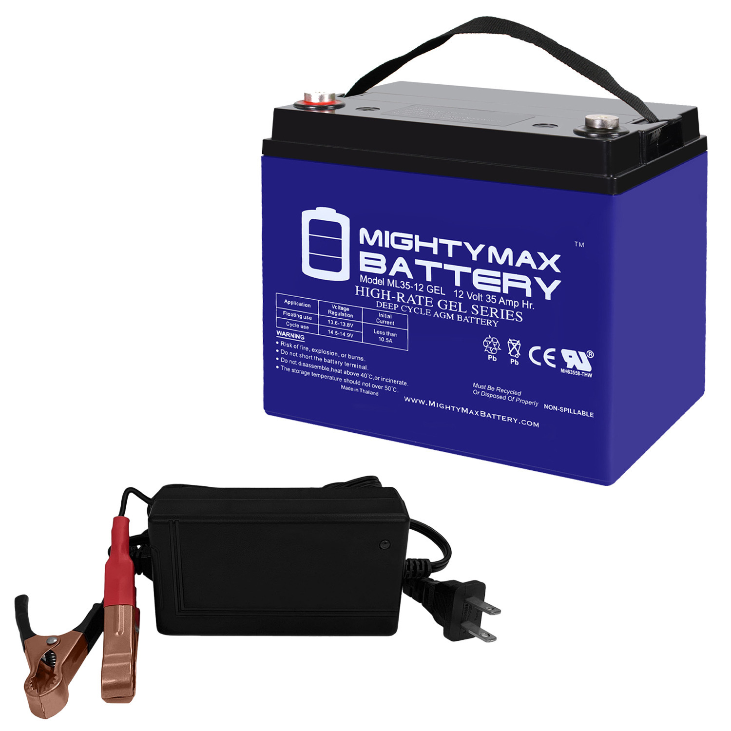 ML35-12 GEL - 12 Volt 35 AH, GEL Type, Internal Thread (INT) Terminal, Rechargeable AGM Battery + 12V 4Amp Charger