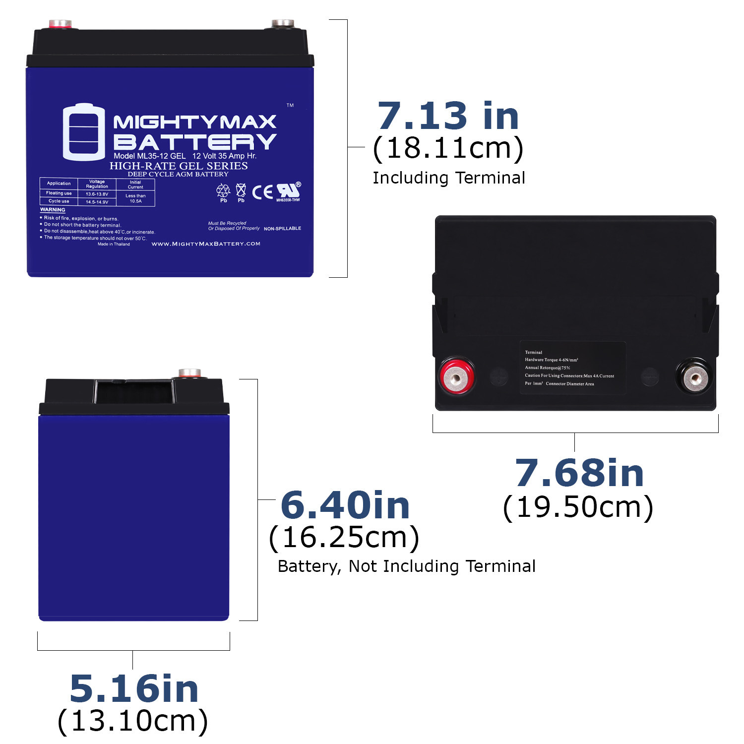 ML35-12 GEL - 12 Volt 35 AH, GEL Type, Internal Thread (INT) Terminal, Rechargeable AGM Battery + 12V 4Amp Charger