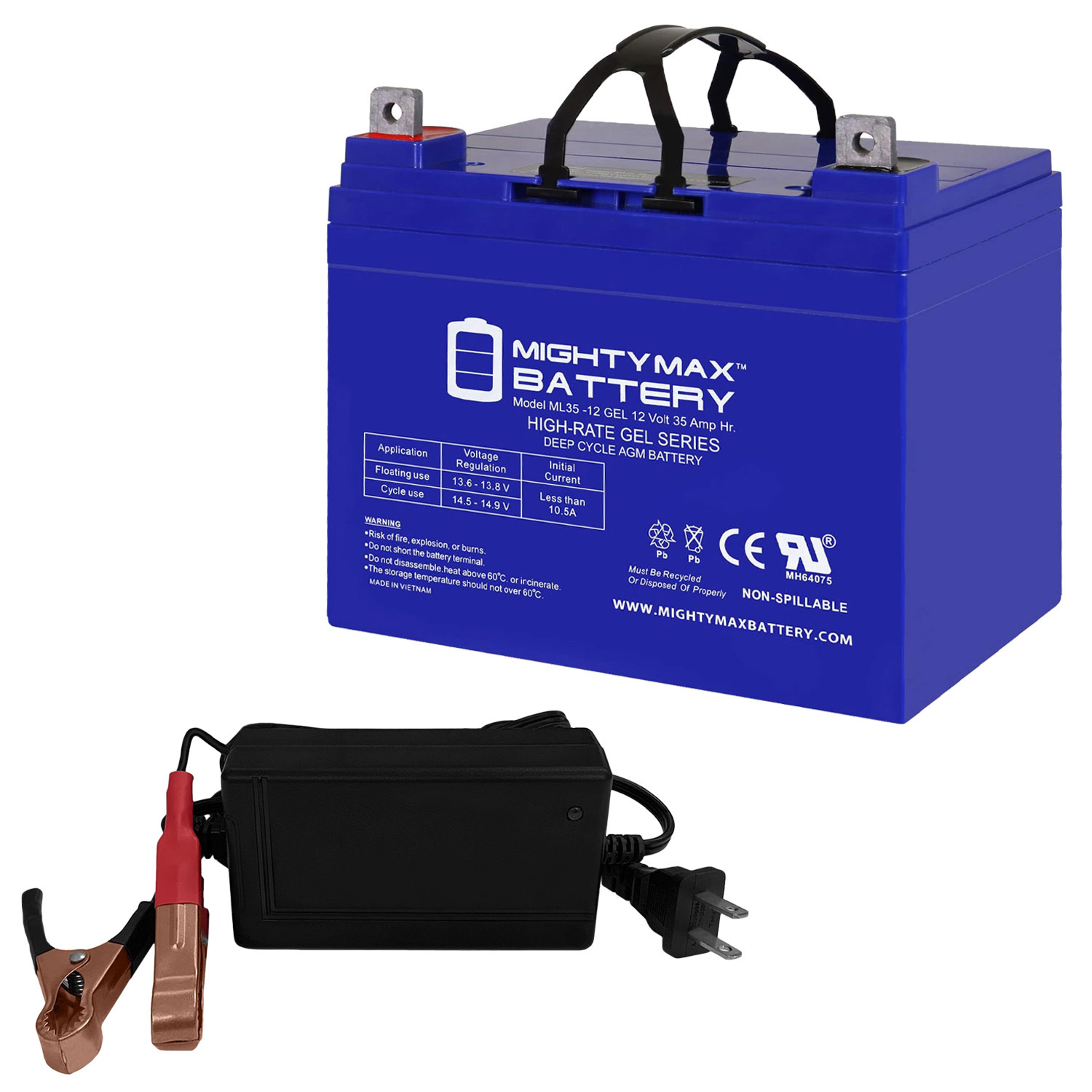 ML35-12 GEL - 12 Volt 35 AH, GEL Type, Nut and Bolt (NB) Terminal, Rechargeable AGM Battery + 12V 4Amp Charger