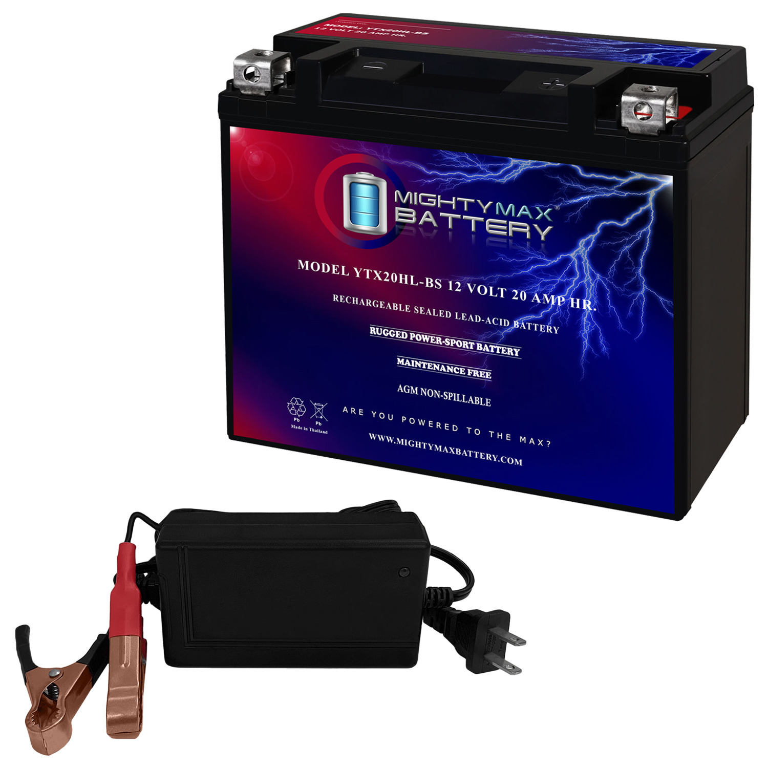 YTX20HL-BS - 12 Volt 20 AH, 310 CCA, Rechargeable Maintenance Free SLA AGM High Rate Series Motorcycle Battery + 12V 4Amp Charger
