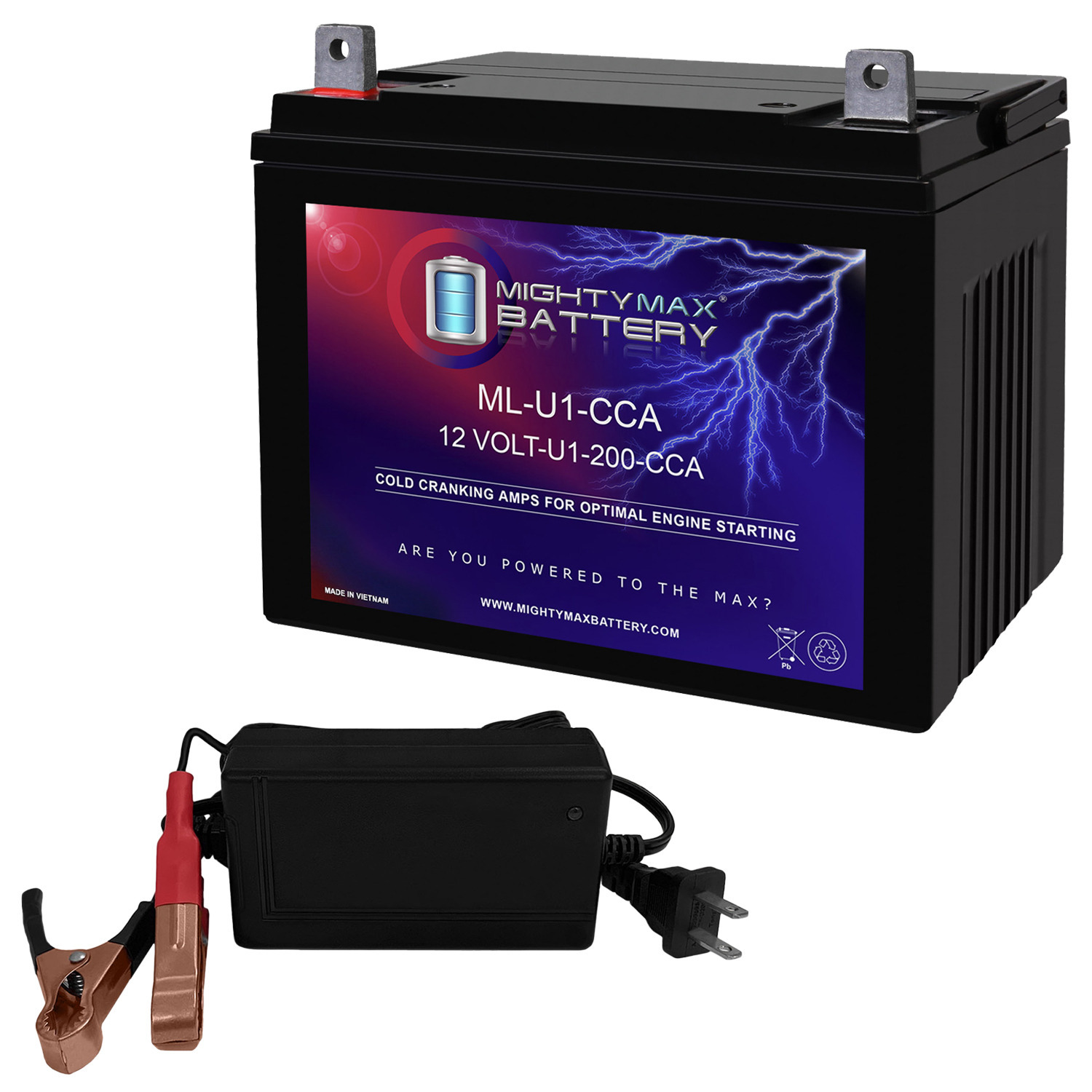 ML-U1-CCA -12 Volt, 200 CCA, Nut and Bolt (NB) Terminal, Rechargeable SLA AGM Battery + 12V 4Amp Charger