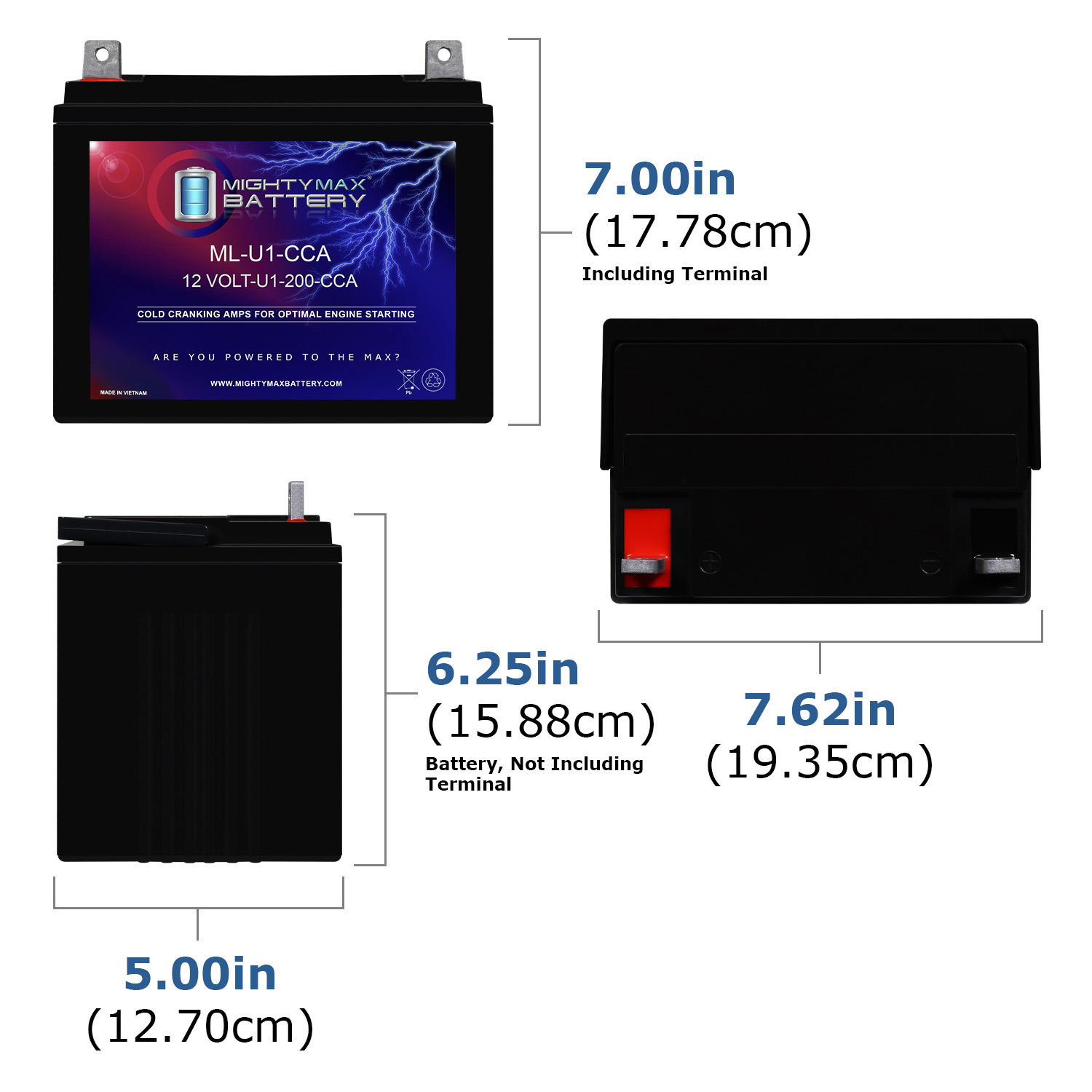 ML-U1-CCA -12 Volt, 200 CCA, Nut and Bolt (NB) Terminal, Rechargeable SLA AGM Battery + 12V 4Amp Charger