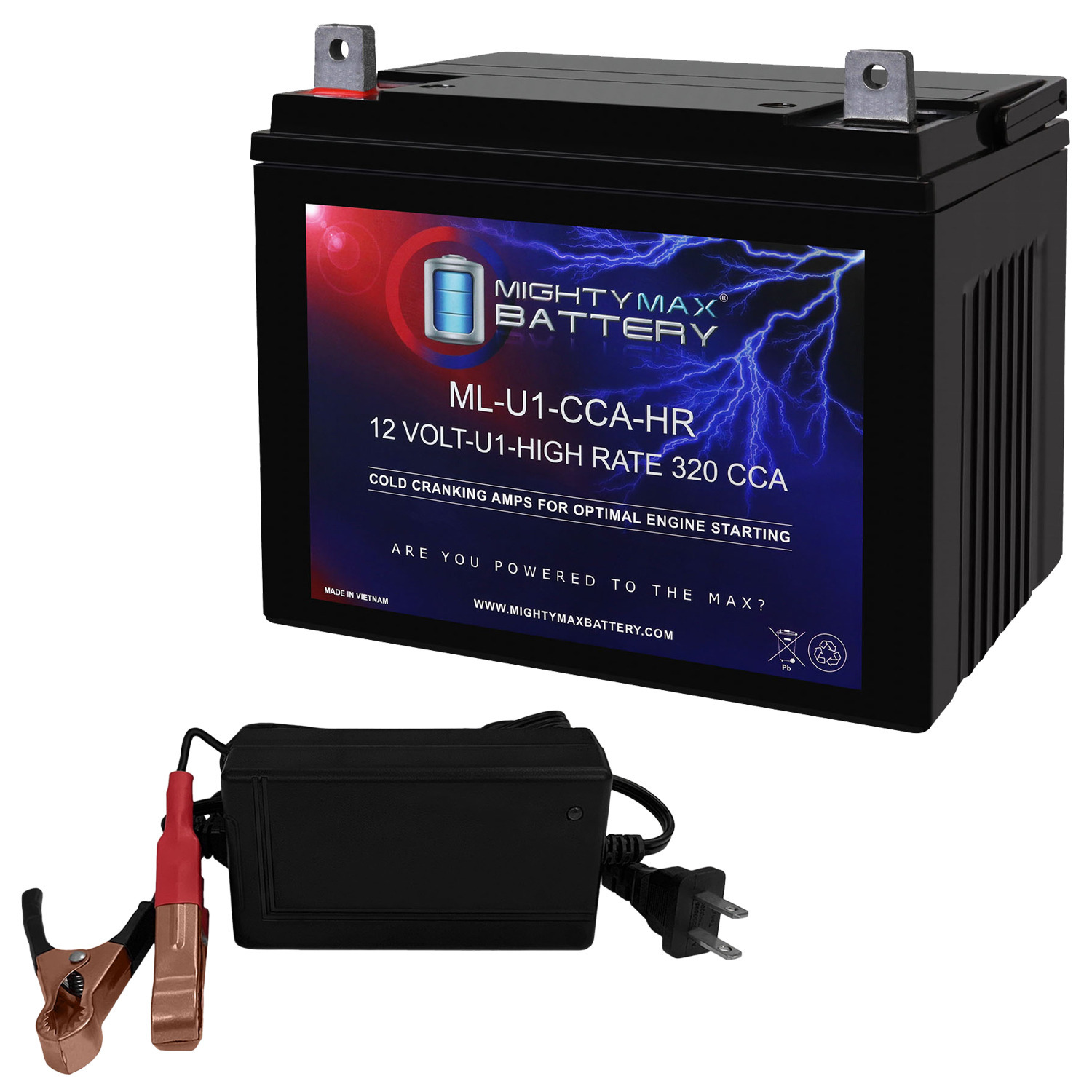ML-U1-CCAHR -12 Volt, 320 CCA, Nut and Bolt (NB) Terminal, Rechargeable SLA AGM High Rate Series Battery + 12V 4Amp Charger