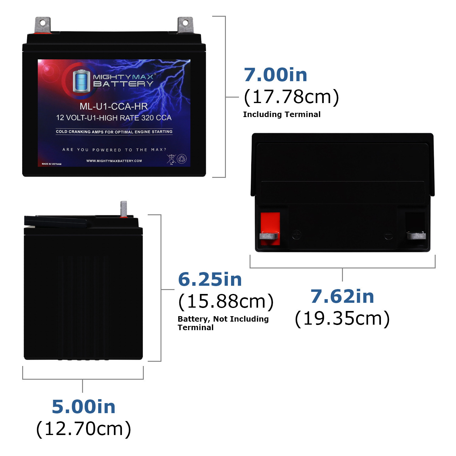 ML-U1-CCAHR -12 Volt, 320 CCA, Nut and Bolt (NB) Terminal, Rechargeable SLA AGM High Rate Series Battery + 12V 4Amp Charger