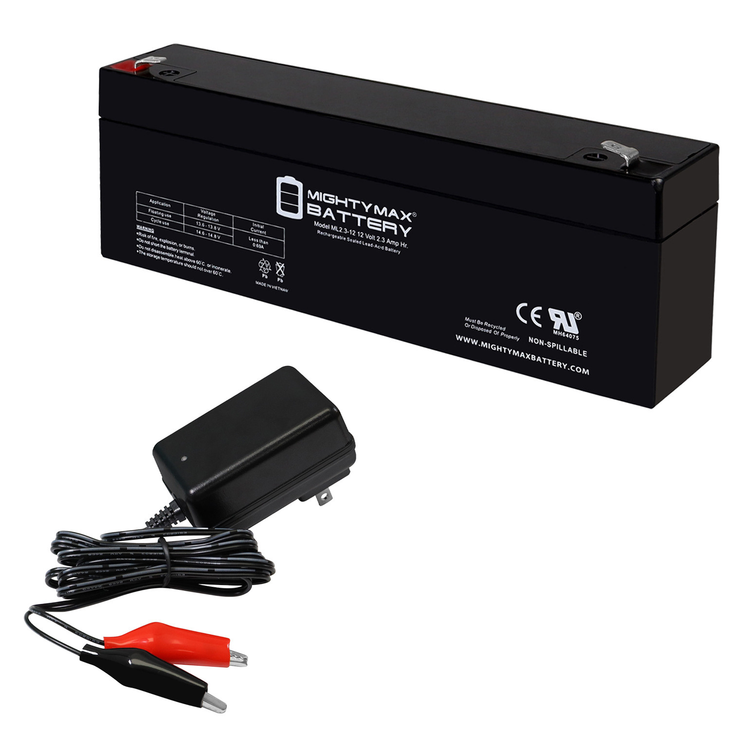 ML2.3-12 - 12 Volt 2.3 AH, F1 Terminal, Rechargeable SLA AGM Battery Includes 6V Charger