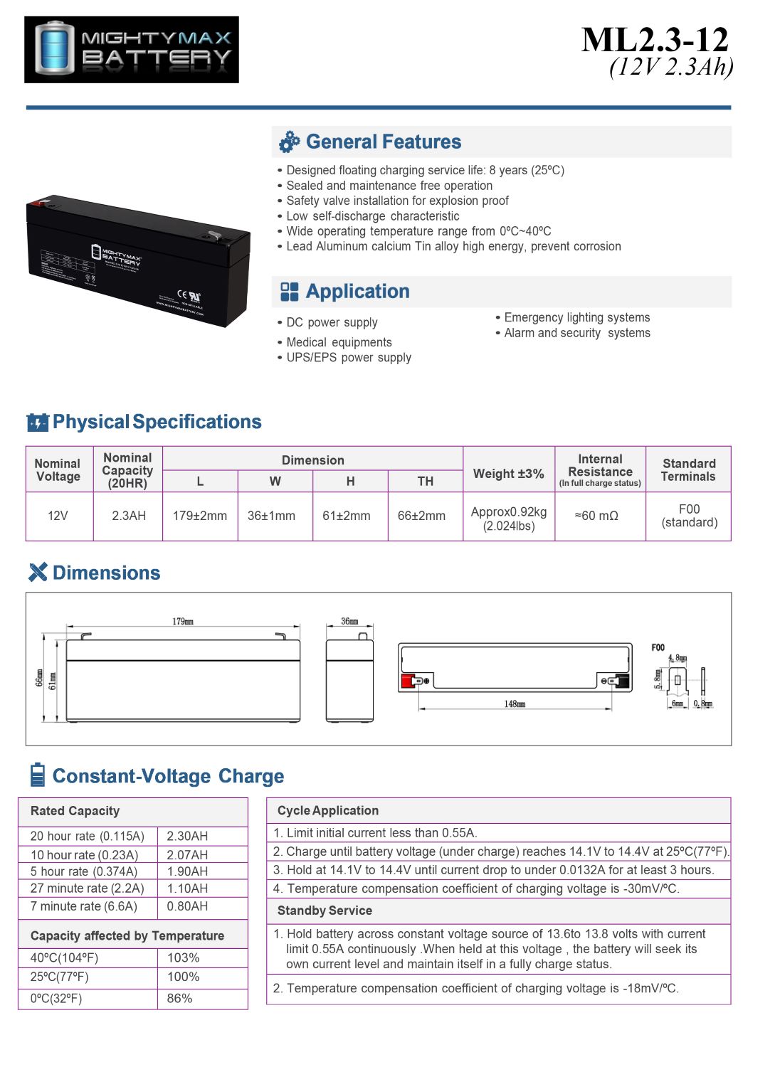 ML2.3-12 - 12 Volt 2.3 AH, F1 Terminal, Rechargeable SLA AGM Battery Includes 6V Charger