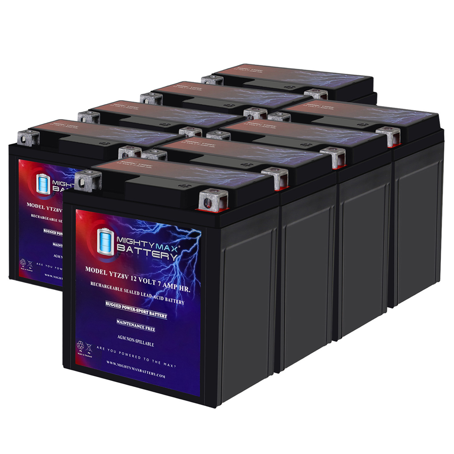 YTZ8V - 12 Volt 7 AH, 85 CCA, Rechargeable Maintenance Free SLA AGM Motorcycle Battery - Pack of 8