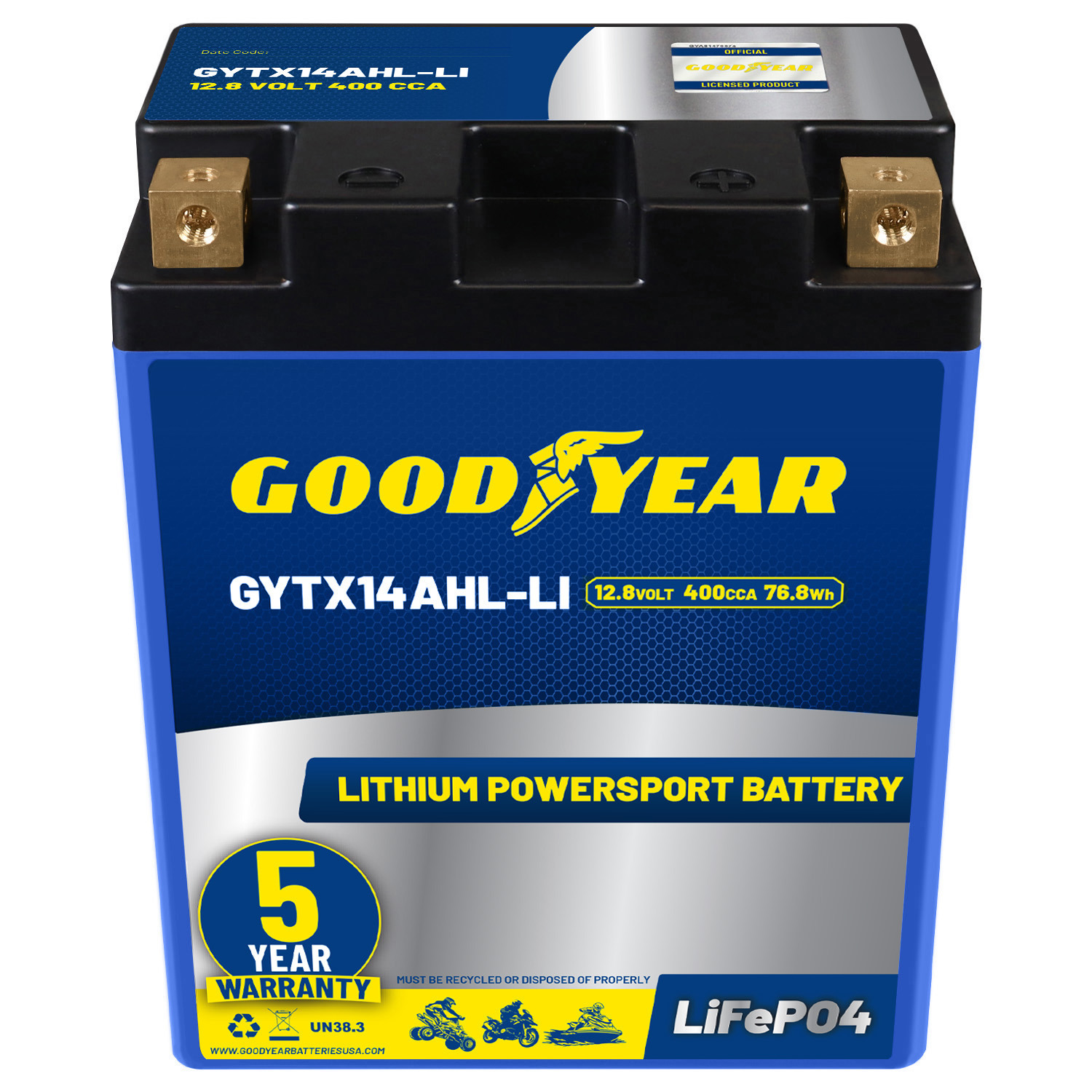 Goodyear GYTX14AHL-LI Lithium LiFePO4 12.8V 400CCA Rechargeable High Performance Powersport Battery with Smart BMS Replacement for Motorcycle, ATV, UTV, Scooter, Watercraft, Jet Ski, and Snowmobile