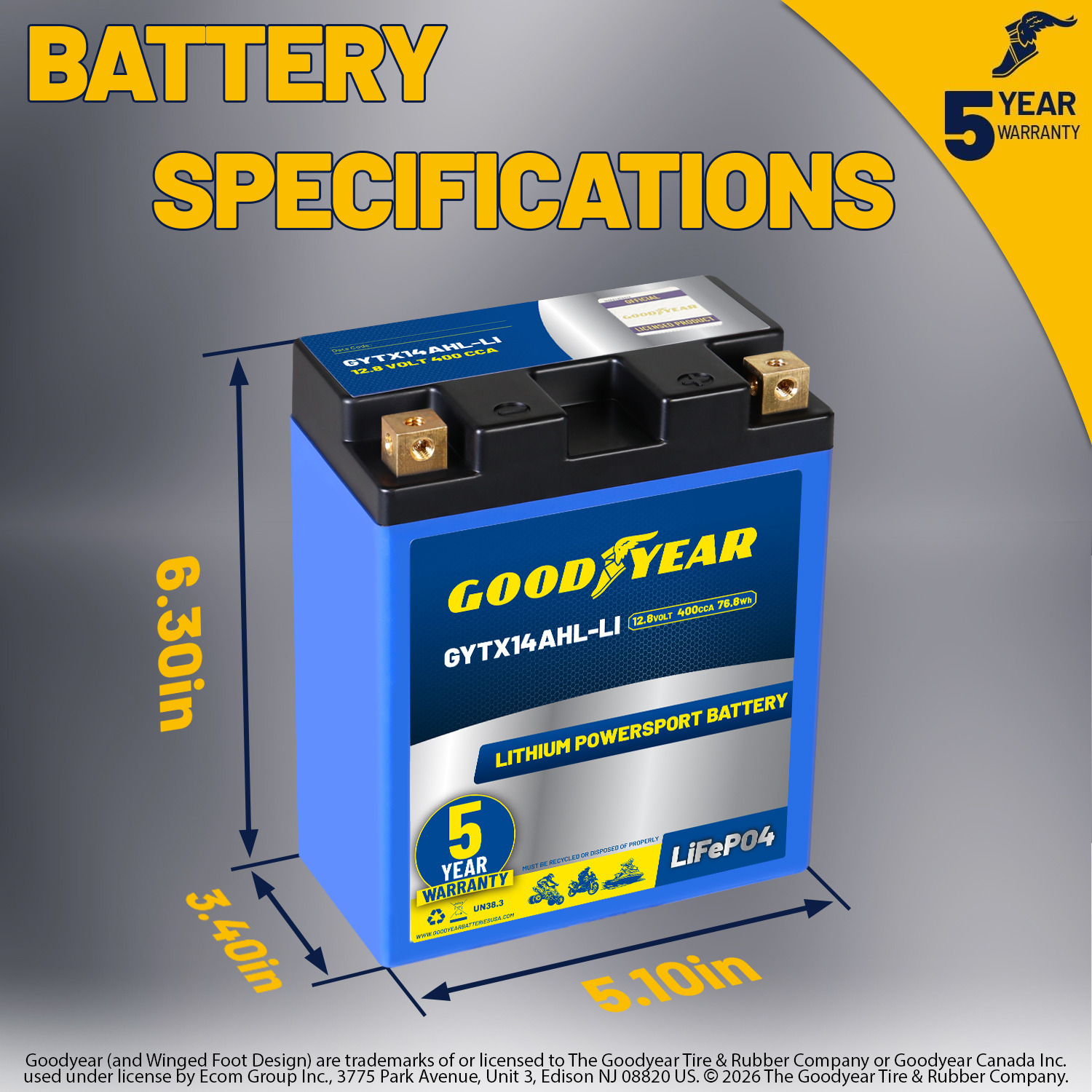 Goodyear GYTX14AHL-LI Lithium LiFePO4 12.8V 400CCA Rechargeable High Performance Powersport Battery with Smart BMS Replacement for Motorcycle, ATV, UTV, Scooter, Watercraft, Jet Ski, and Snowmobile