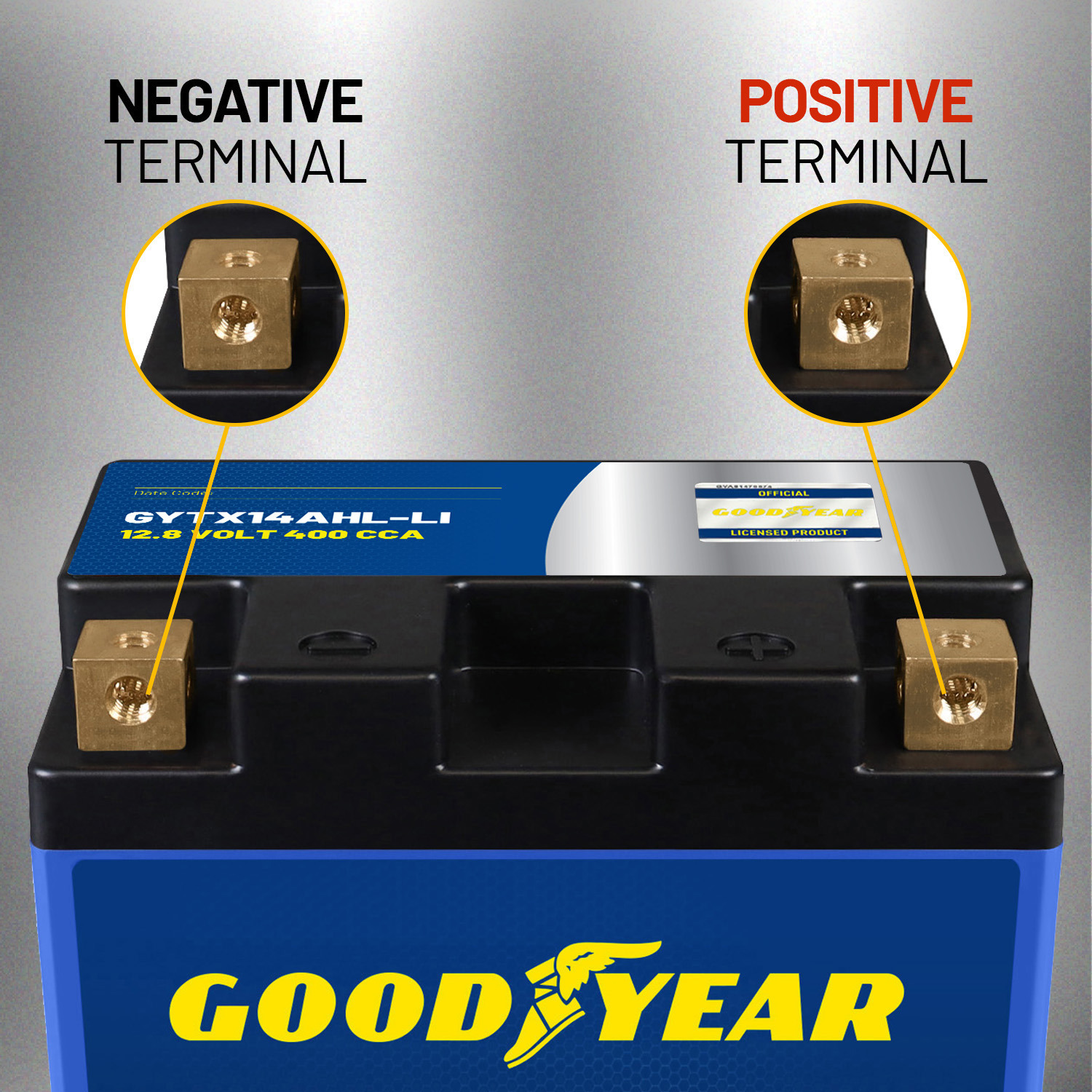 Goodyear GYTX14AHL-LI Lithium LiFePO4 12.8V 400CCA Rechargeable High Performance Powersport Battery with Smart BMS Replacement for Motorcycle, ATV, UTV, Scooter, Watercraft, Jet Ski, and Snowmobile