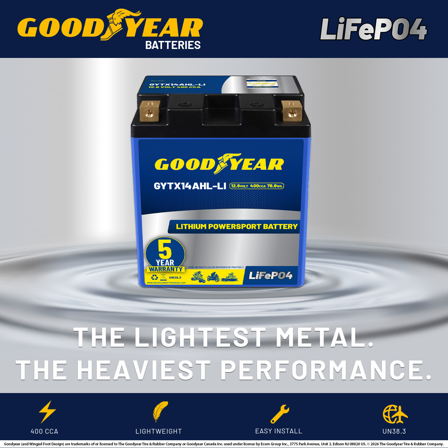 Goodyear GYTX14AHL-LI Lithium LiFePO4 12.8V 400CCA Rechargeable High Performance Powersport Battery with Smart BMS Replacement for Motorcycle, ATV, UTV, Scooter, Watercraft, Jet Ski, and Snowmobile
