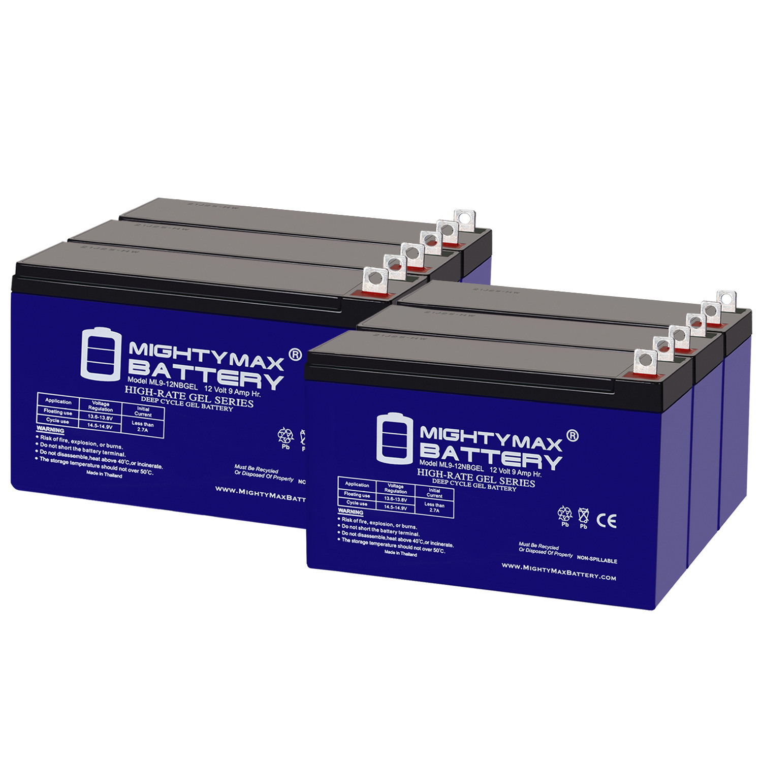 ML9-12NB GEL -12 Volt 9 AH, Nut and Bolt (NB) Terminal, Rechargeable GEL AGM Battery - Pack of 6