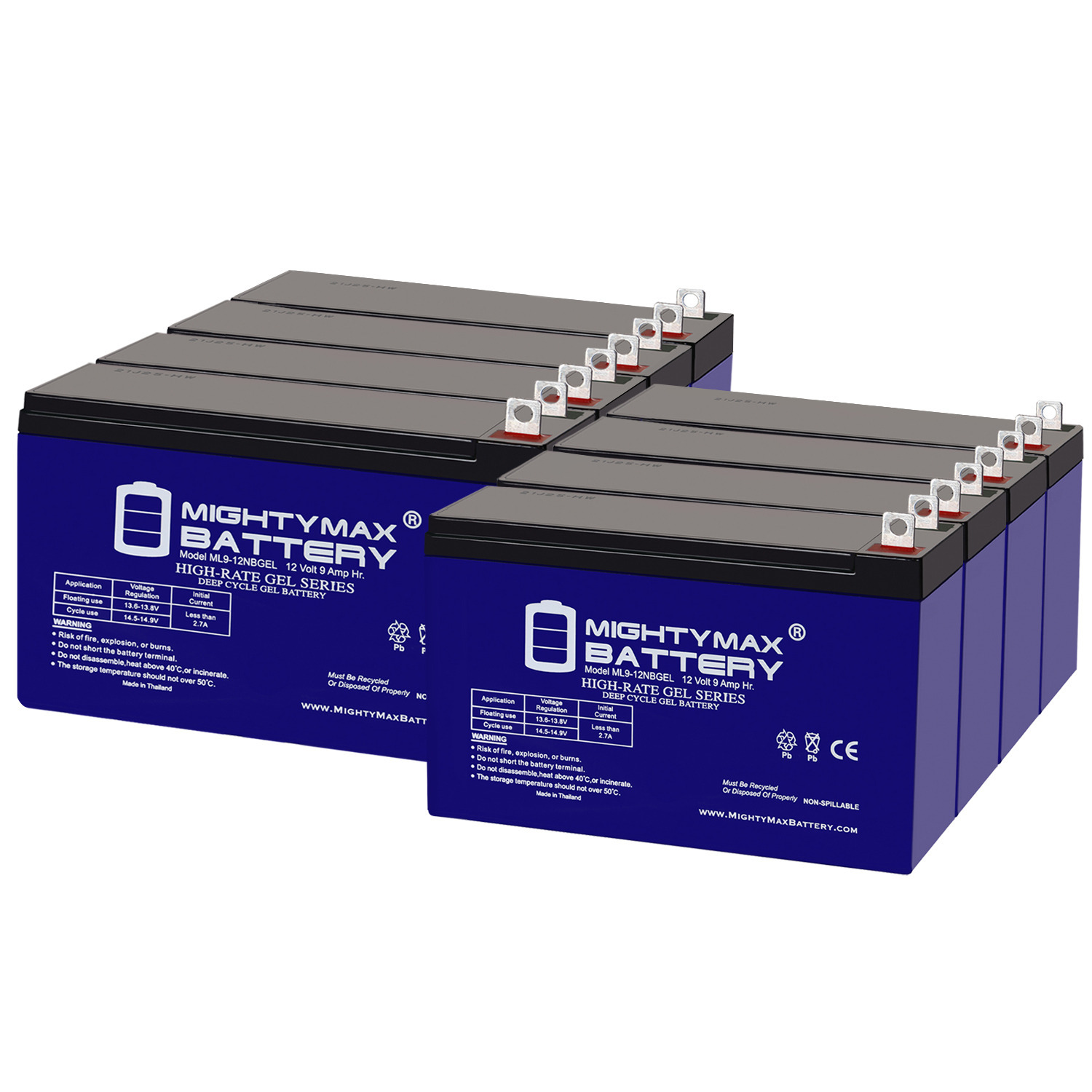 ML9-12NB GEL -12 Volt 9 AH, Nut and Bolt (NB) Terminal, Rechargeable GEL AGM Battery - Pack of 8