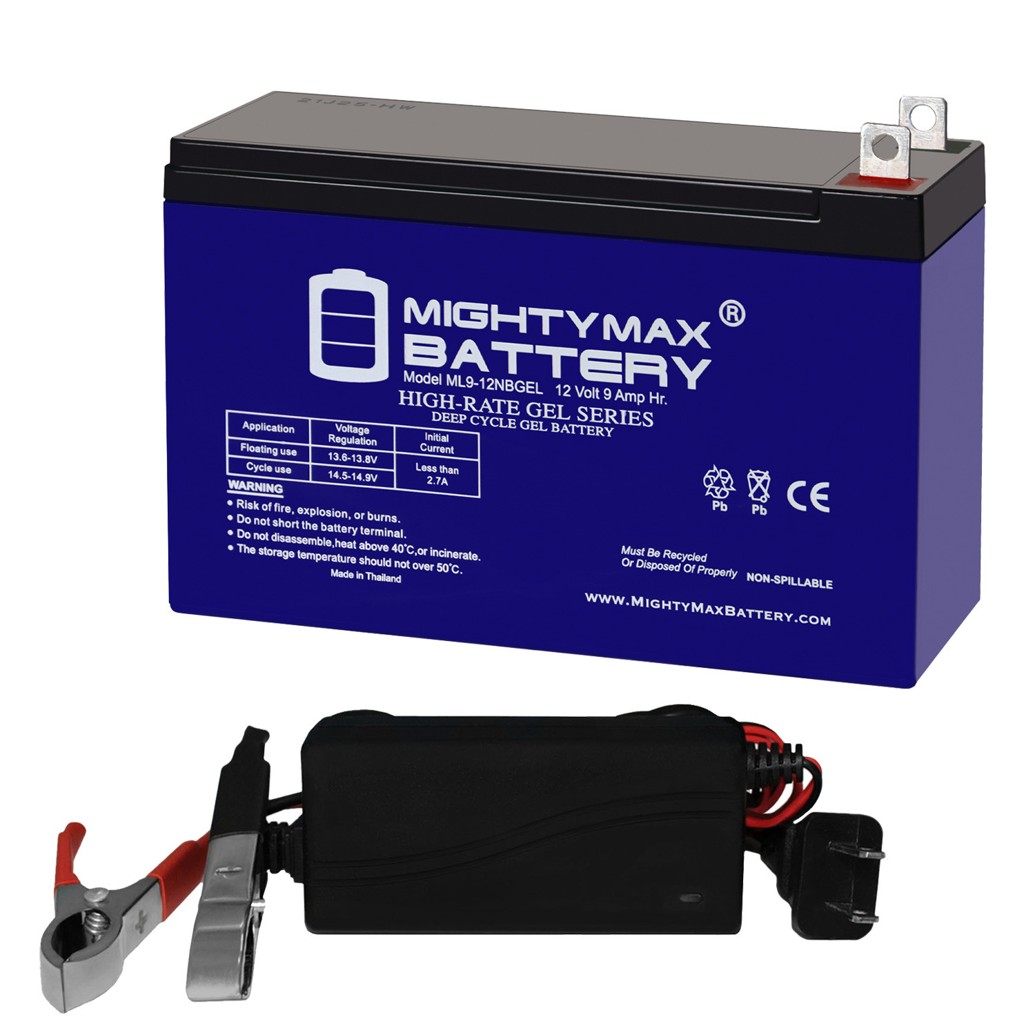 ML9-12NB GEL -12 Volt 9 AH, Nut and Bolt (NB) Terminal, Rechargeable GEL AGM Battery + 12V 1AMP Charger