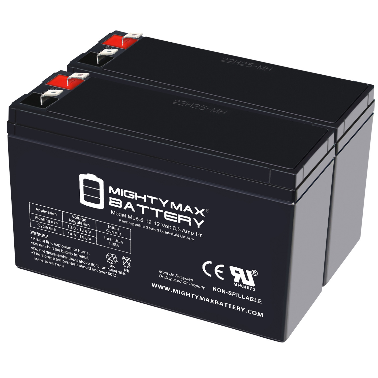 ML6.5-12 - 12 Volt 6.5 AH, F2 Terminal, Rechargeable SLA AGM Battery - Pack of 2