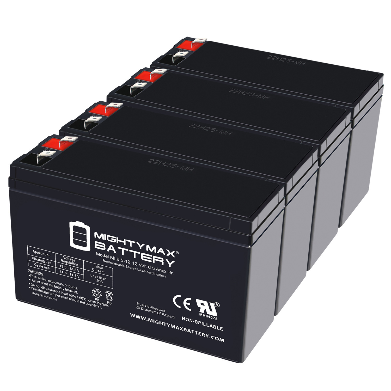 ML6.5-12 - 12 Volt 6.5 AH, F2 Terminal, Rechargeable SLA AGM Battery - Pack of 4