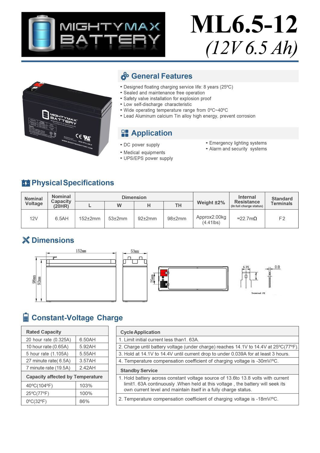 ML6.5-12 - 12 Volt 6.5 AH, F2 Terminal, Rechargeable SLA AGM Battery - Pack of 4