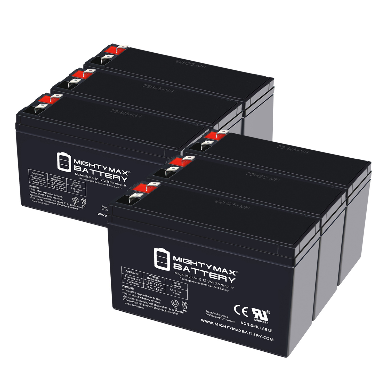 ML6.5-12 - 12 Volt 6.5 AH, F2 Terminal, Rechargeable SLA AGM Battery - Pack of 6