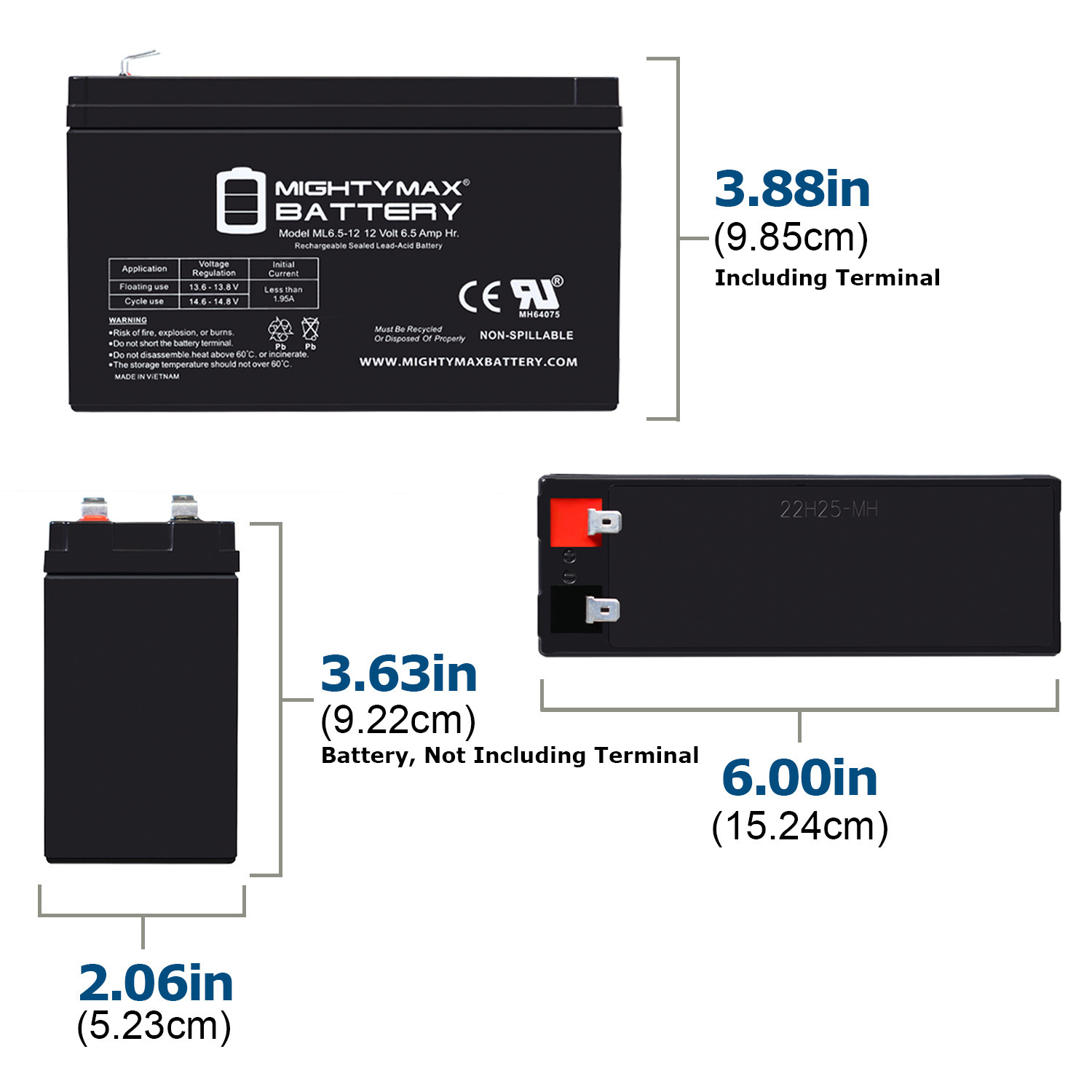 ML6.5-12 - 12 Volt 6.5 AH, F2 Terminal, Rechargeable SLA AGM Battery - Pack of 6