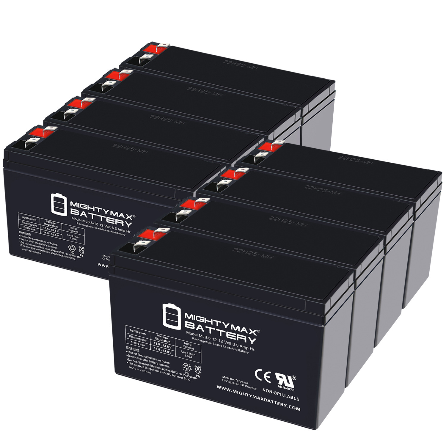 ML6.5-12 - 12 Volt 6.5 AH, F2 Terminal, Rechargeable SLA AGM Battery - Pack of 8