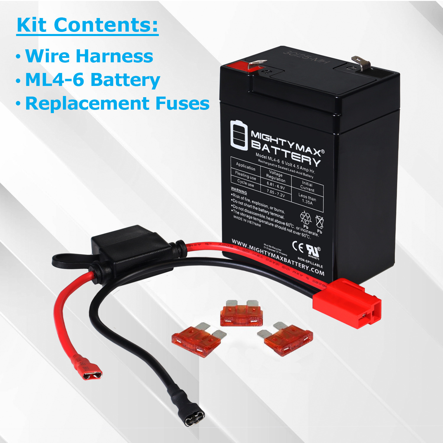 Drop in Replacement for 6v ride on Vehicle with 4.5ah battery kit and harness with 2 Pins connector