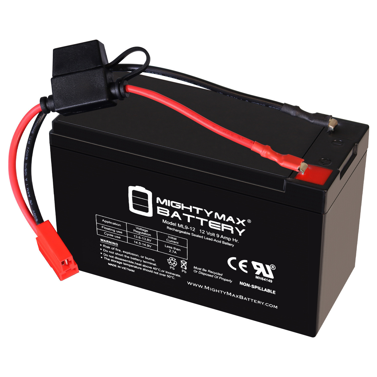 Drop in Replacement for 12v ride on Vehicle with 9ah battery kit and harness with 2 Pins connector