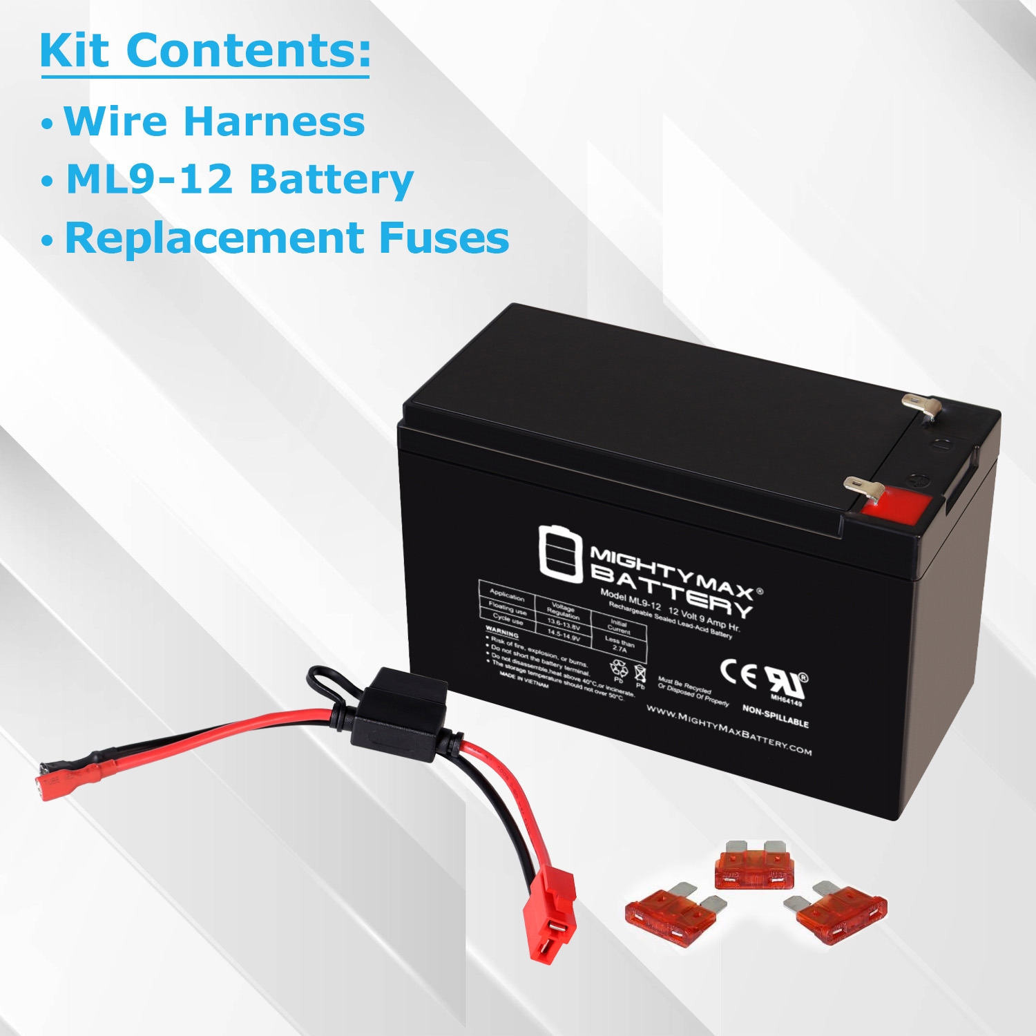 Drop in Replacement for 12v ride on Vehicle with 9ah battery kit and harness with 2 Pins connector