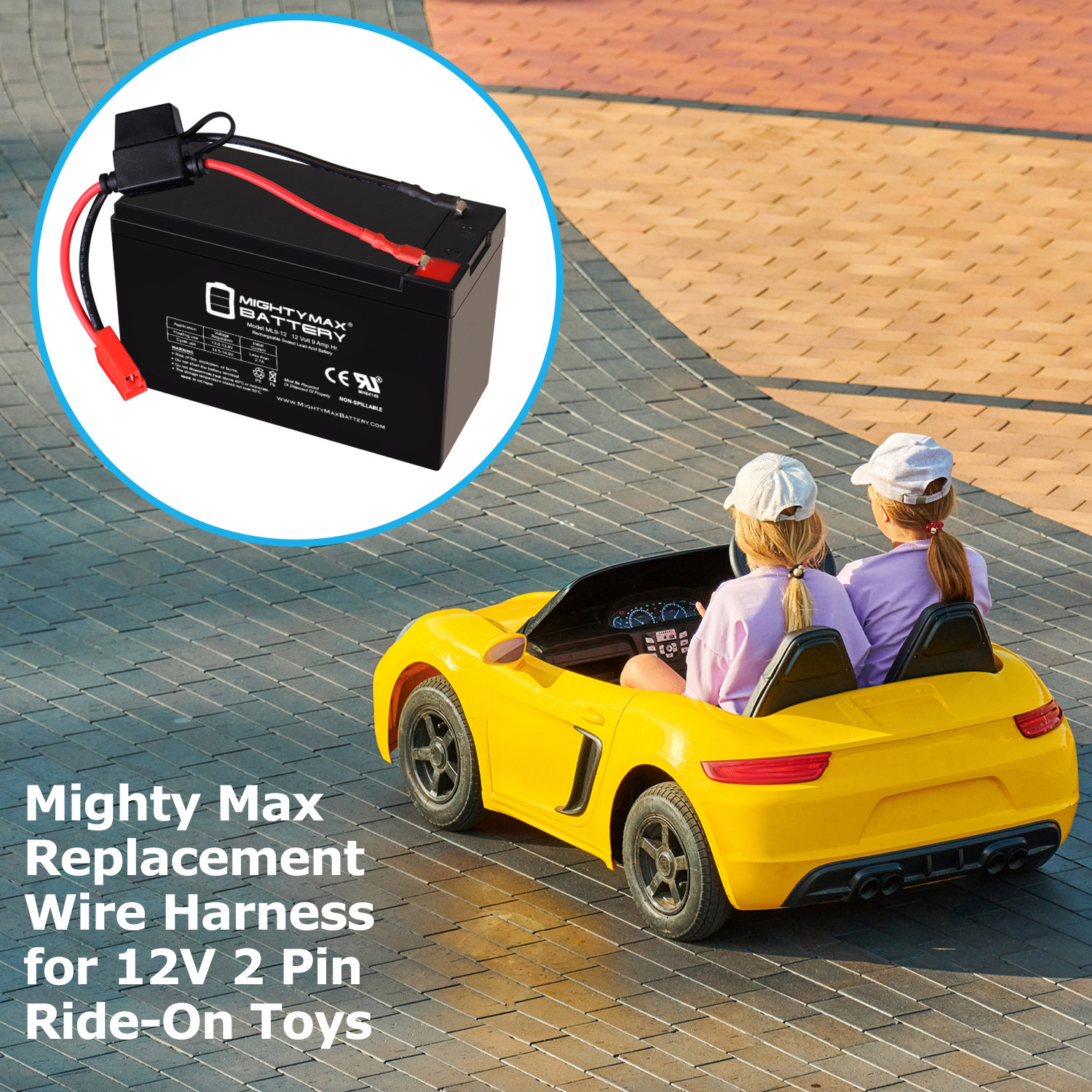 Drop in Replacement for 12v ride on Vehicle with 9ah battery kit and harness with 2 Pins connector