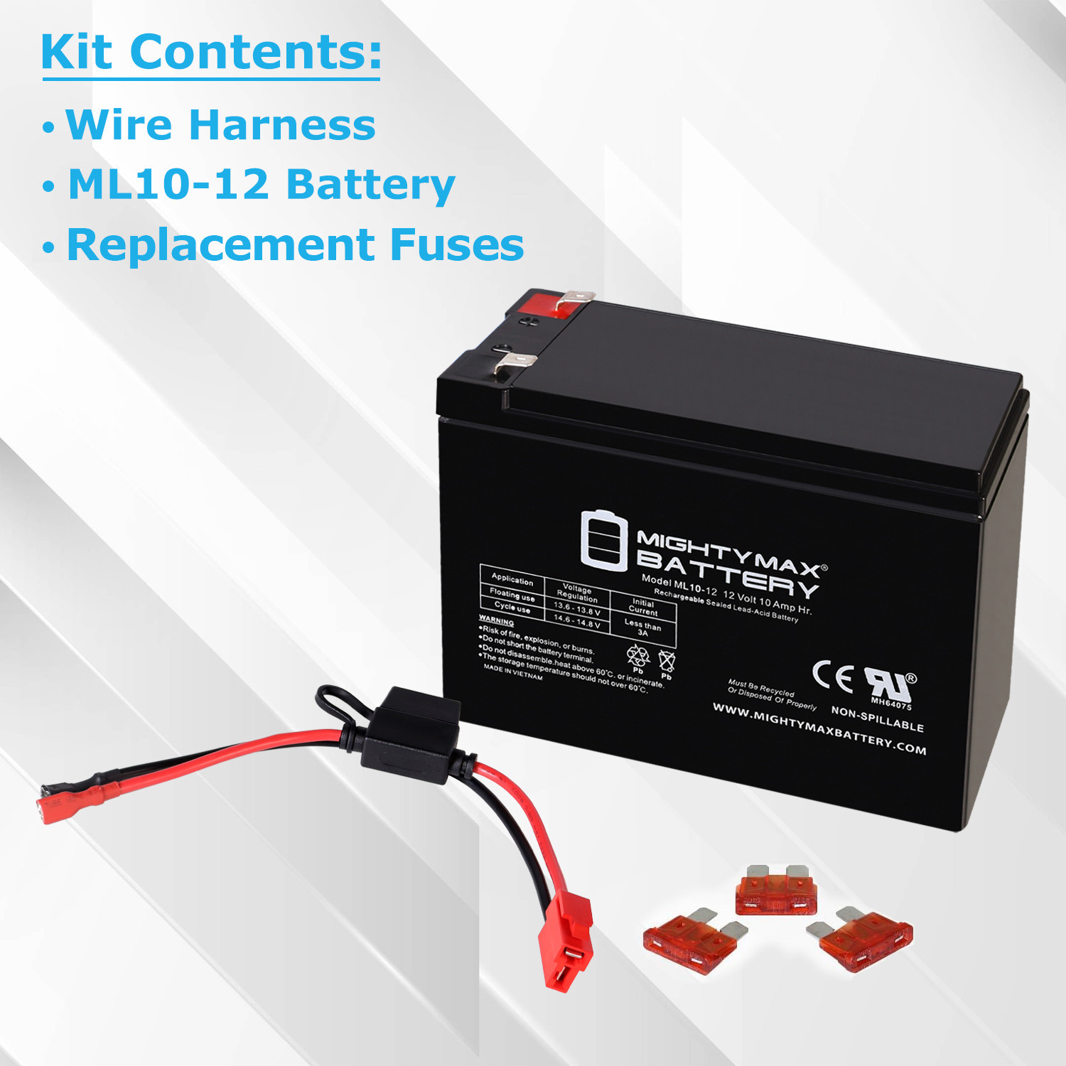 Drop in Replacement for 12v ride on Vehicle with 10ah battery kit and harness with 2 Pins connector