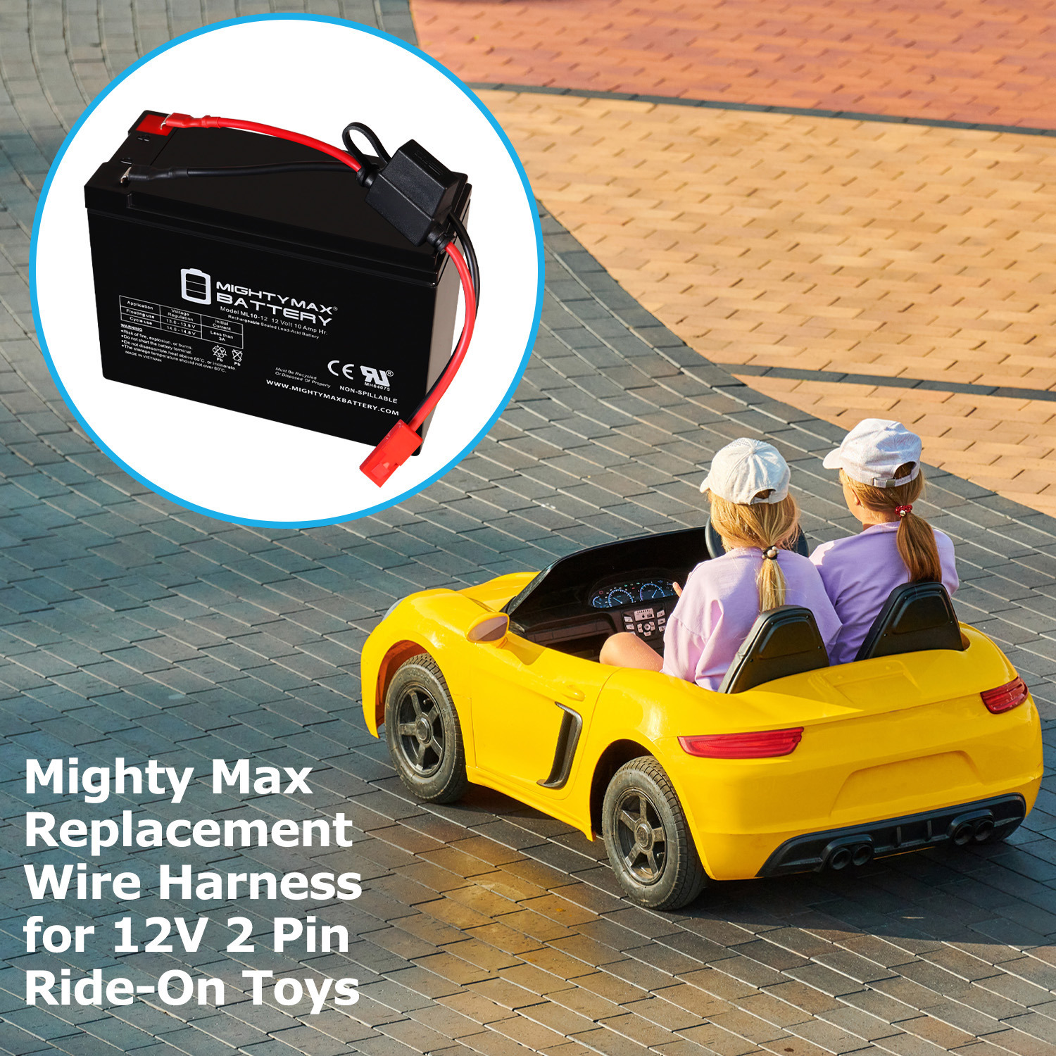 Drop in Replacement for 12v ride on Vehicle with 10ah battery kit and harness with 2 Pins connector