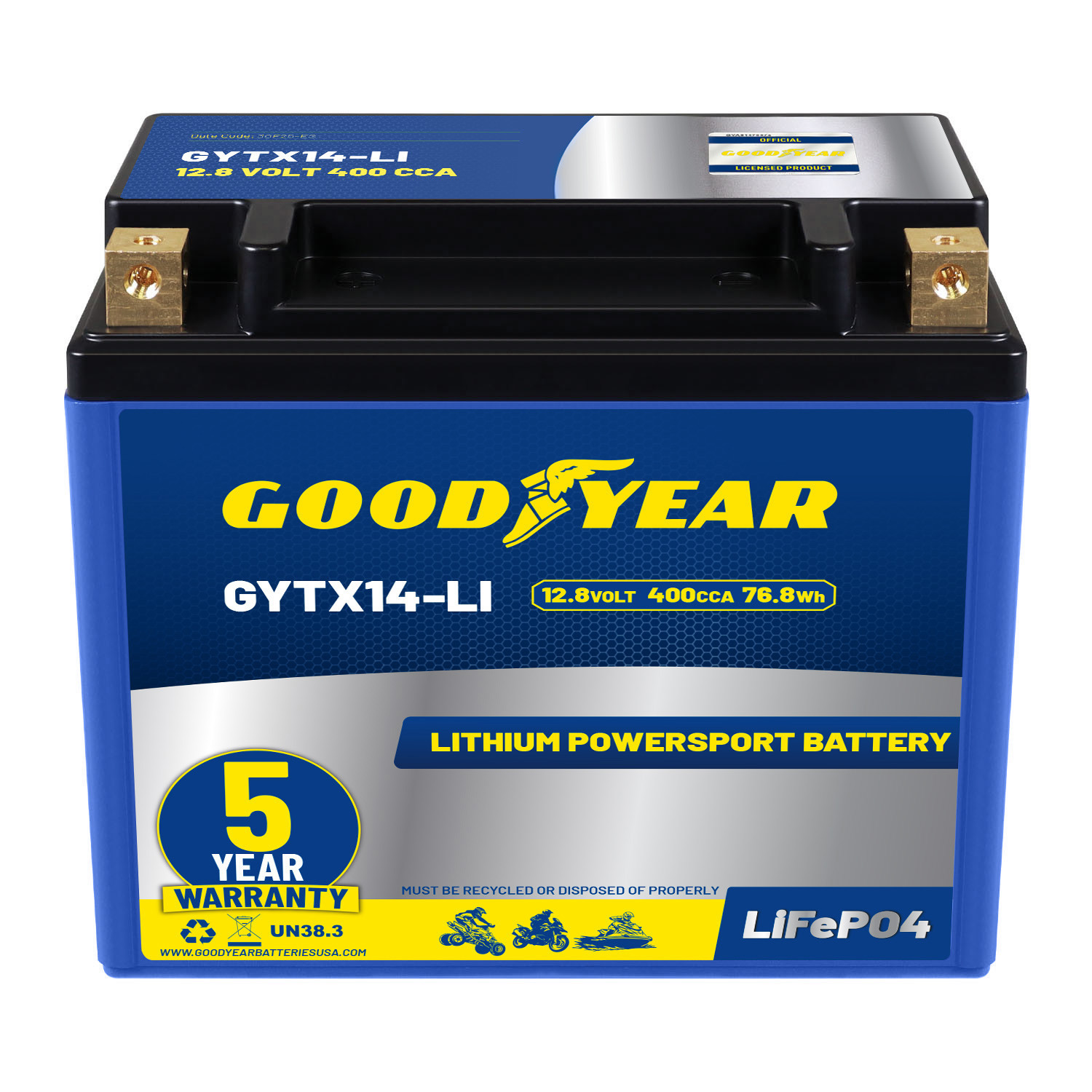 Goodyear GYTX14-LI Lithium LiFePO4 12.8V 400CCA Rechargeable High Performance Powersport Battery with Smart BMS Replacement for Motorcycle, ATV, UTV, Scooter, Watercraft, Jet Ski, and Snowmobile