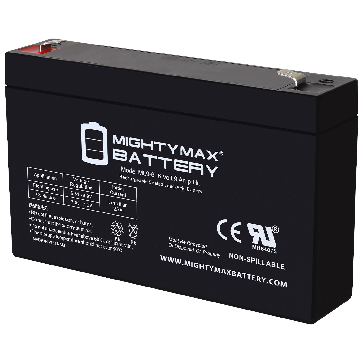 Mighty Max Battery ML9-6 - 6 Volt 9 AH, F2 Terminal, Rechargeable SLA AGM Battery