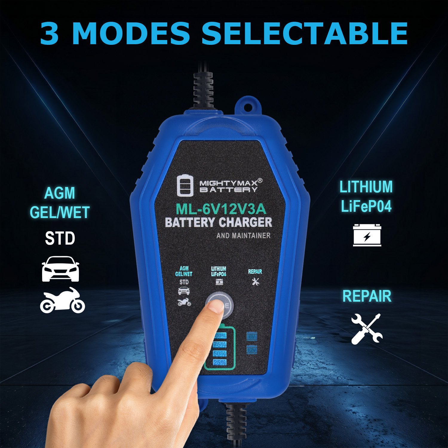 6V/12V 3A Smart Battery Charger & Maintainer compatible with Pocket Rocket Battery