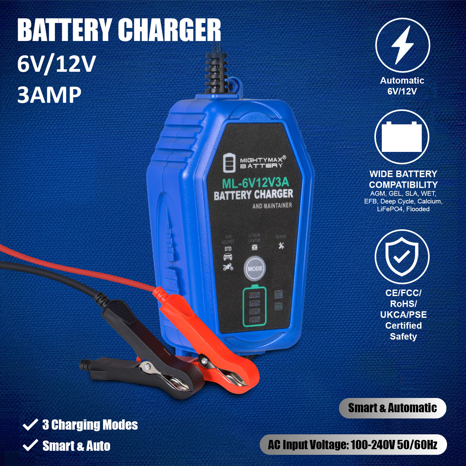 6V/12V 3A Smart Battery Charger & Maintainer compatible with Pocket Rocket Battery