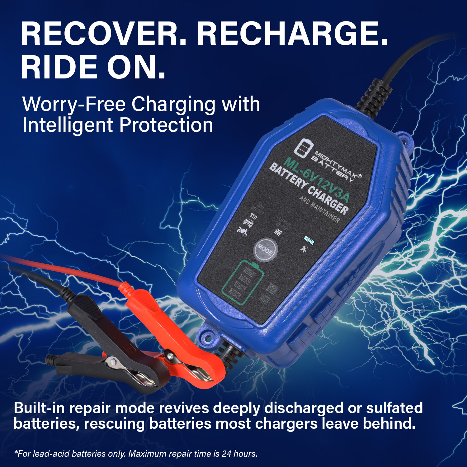 6V/12V 3A Smart Battery Charger & Maintainer compatible with Pocket Rocket Battery