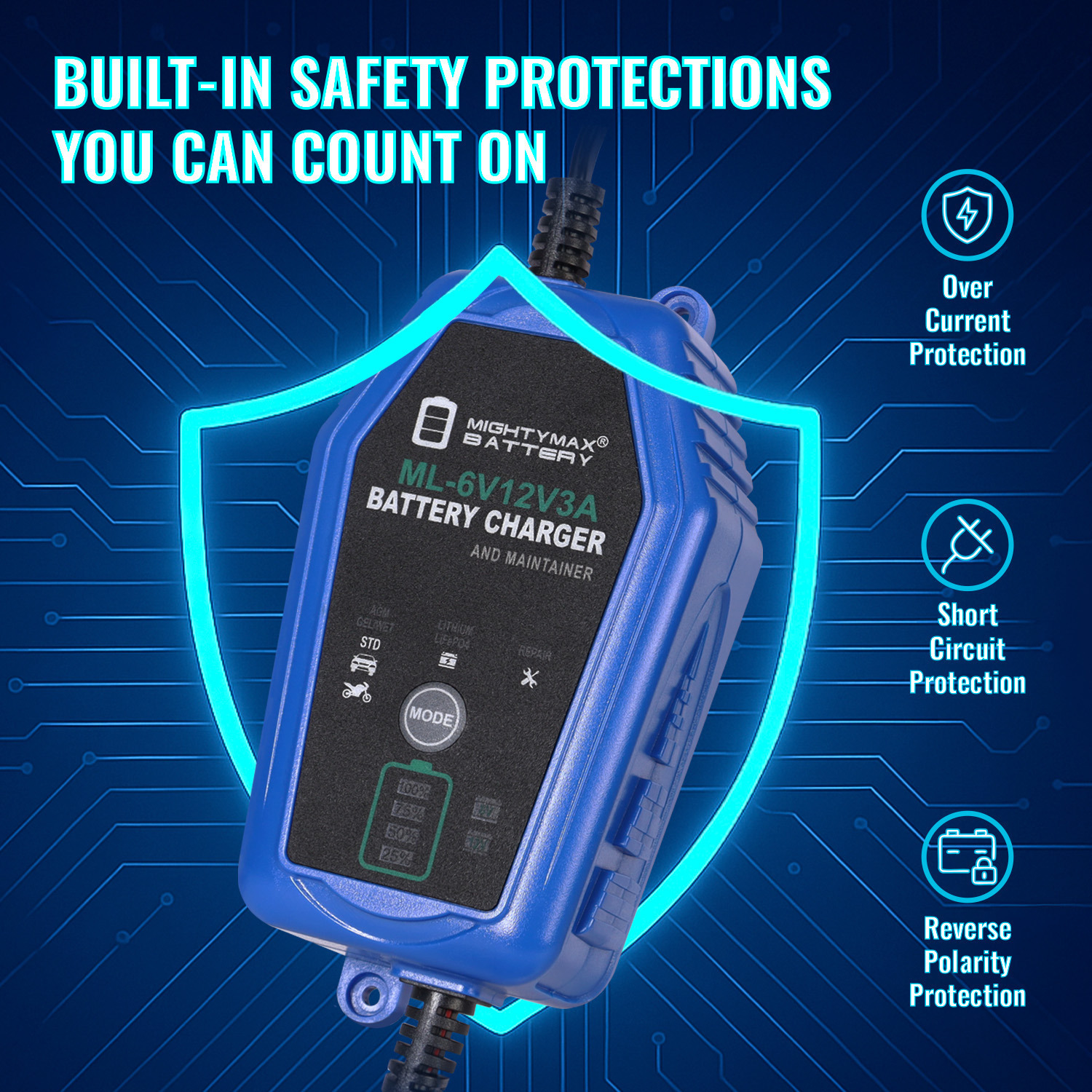 6V/12V 3A Smart Battery Charger & Maintainer compatible with Pocket Rocket Battery