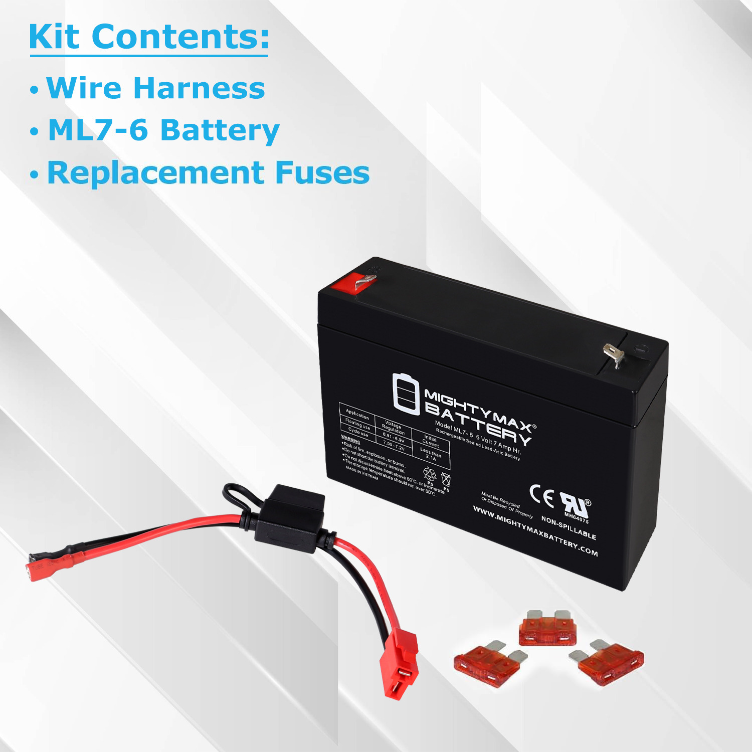Drop in Replacement for 6v ride on Vehicle with 7ah battery kit and harness with 2 Pins connector