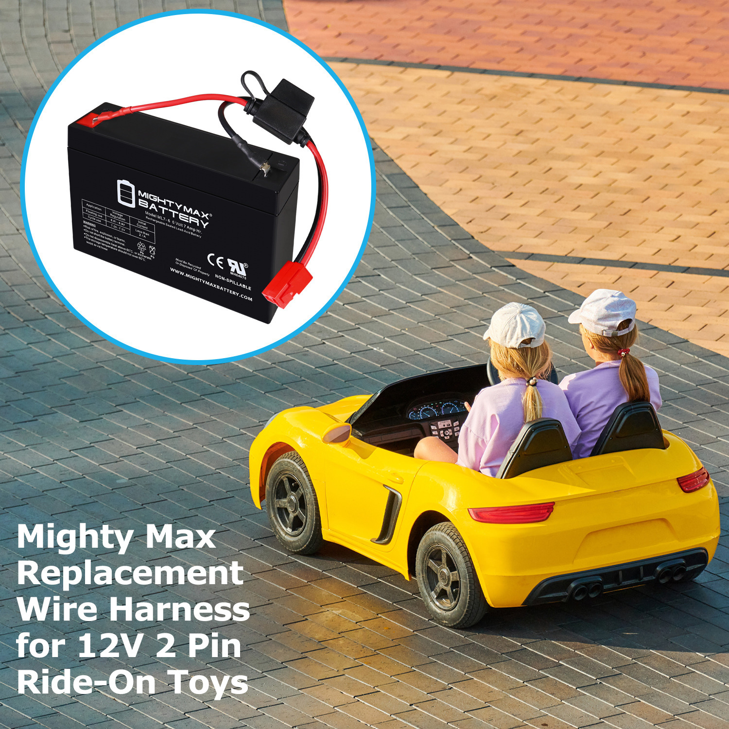 Drop in Replacement for 6v ride on Vehicle with 7ah battery kit and harness with 2 Pins connector