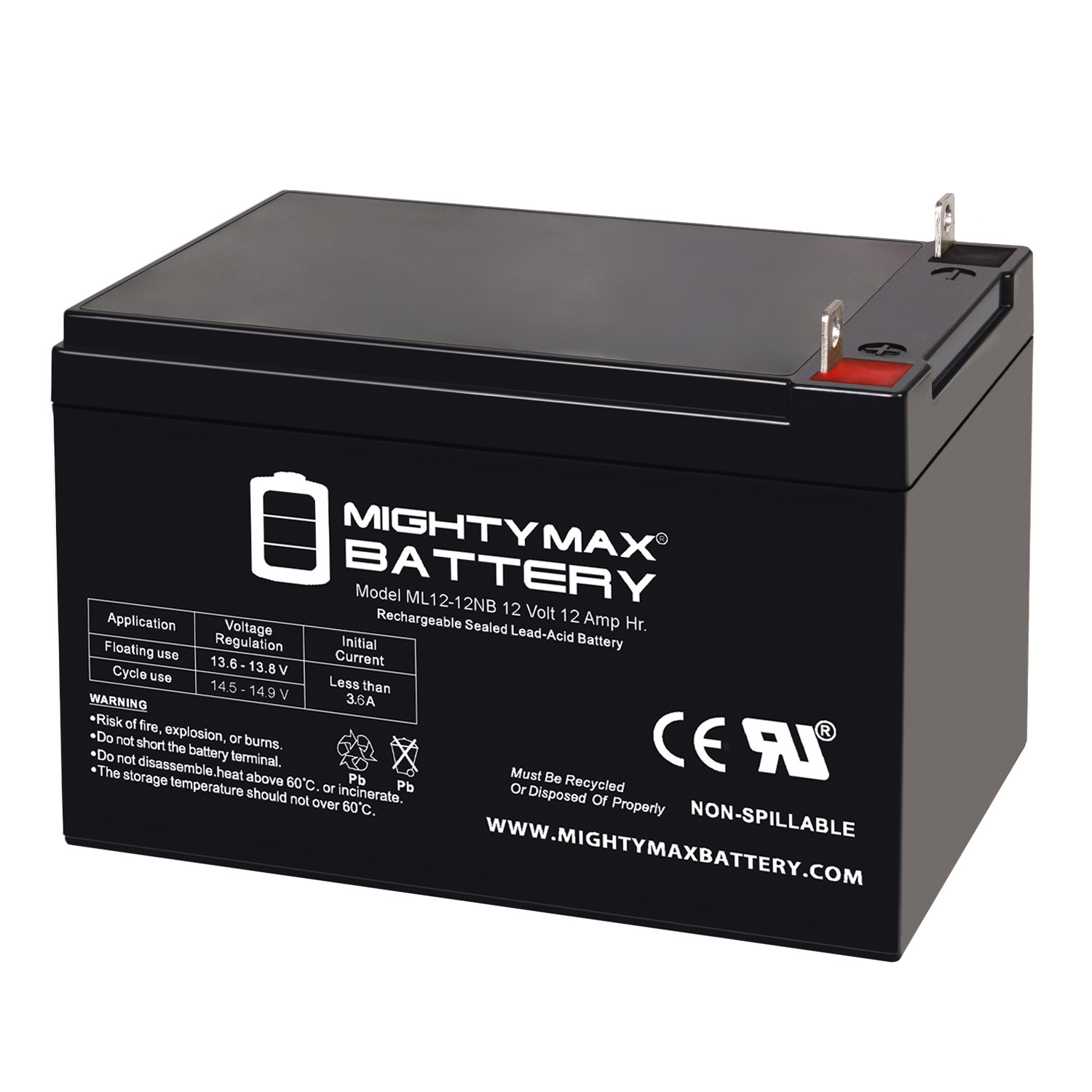 ML12-12NB - 12 Volt 12 AH, NB Terminal, Rechargeable SLA AGM Battery