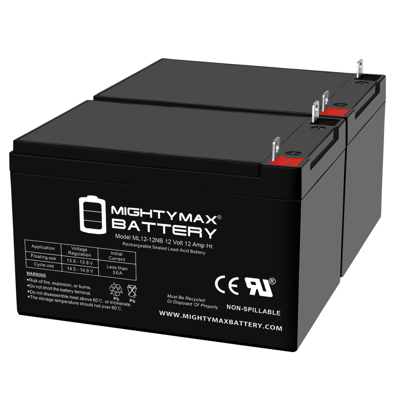 ML12-12NB - 12 Volt 15 AH, NB Terminal, Rechargeable SLA AGM Battery - 2 Pack