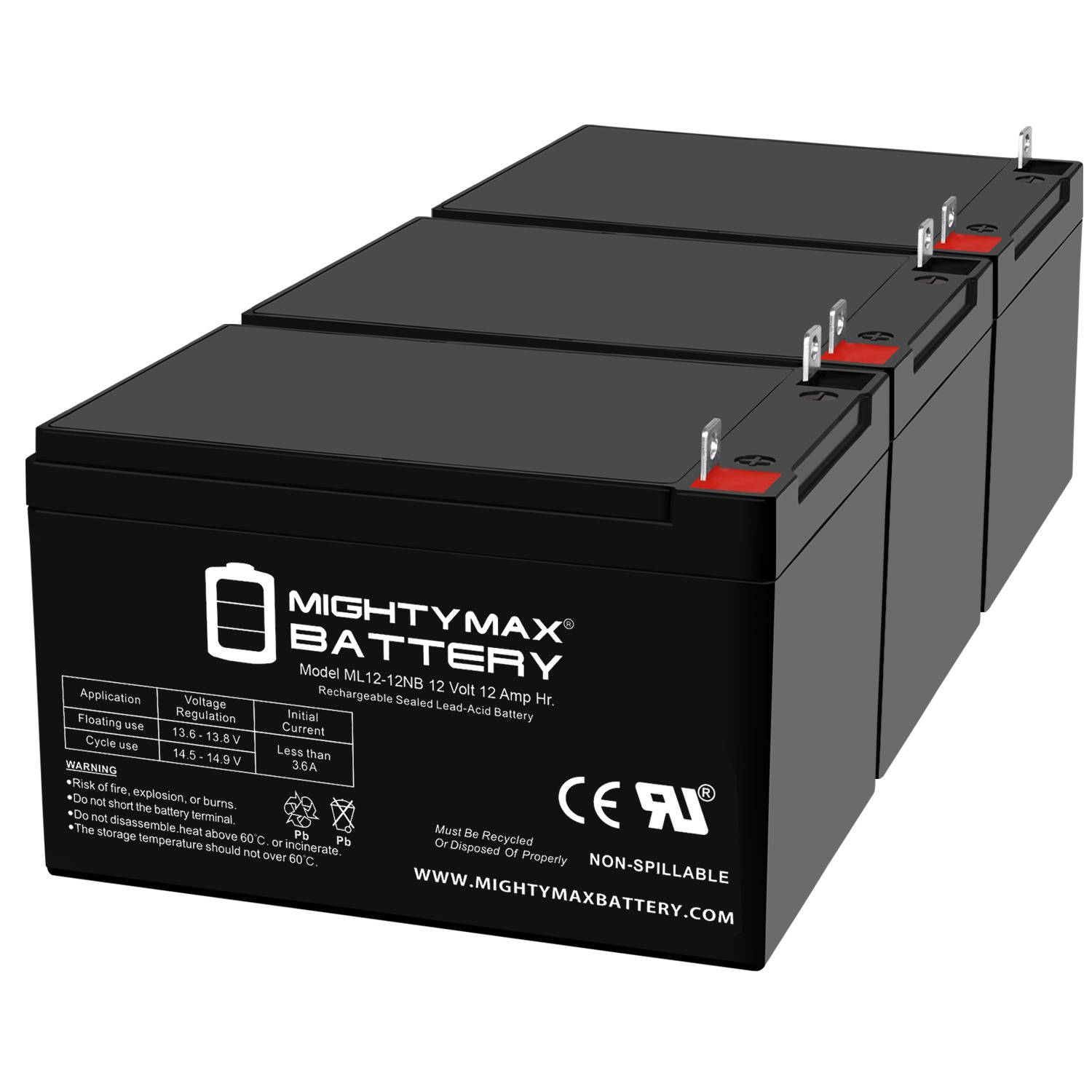 ML12-12NB - 12 Volt 15 AH, NB Terminal, Rechargeable SLA AGM Battery - 3 Pack