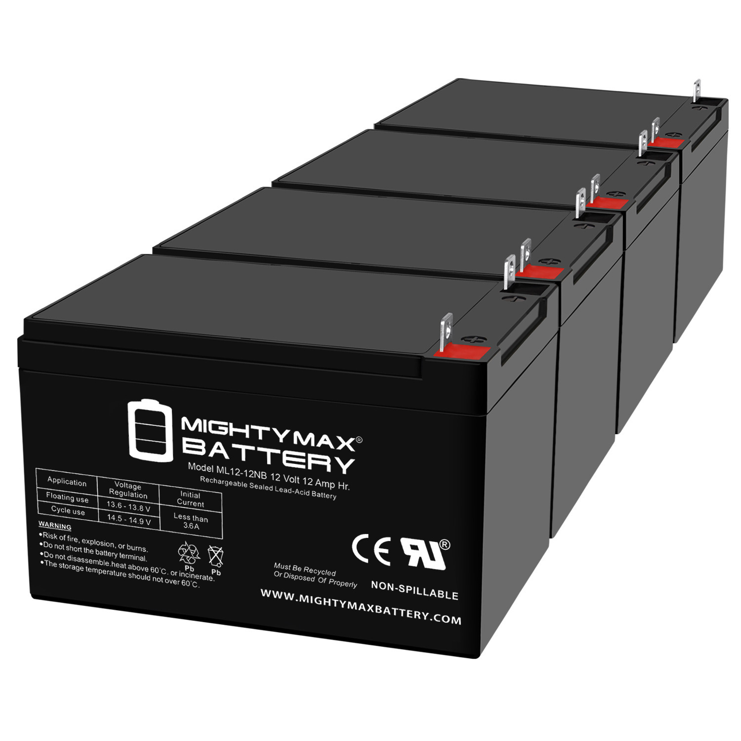 ML12-12NB - 12 Volt 15 AH, NB Terminal, Rechargeable SLA AGM Battery - 4 Pack