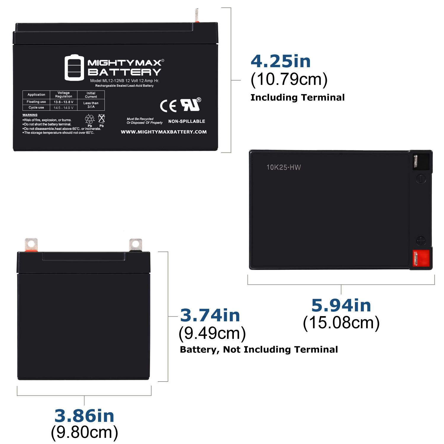 ML12-12NB - 12 Volt 15 AH, NB Terminal, Rechargeable SLA AGM Battery - 4 Pack
