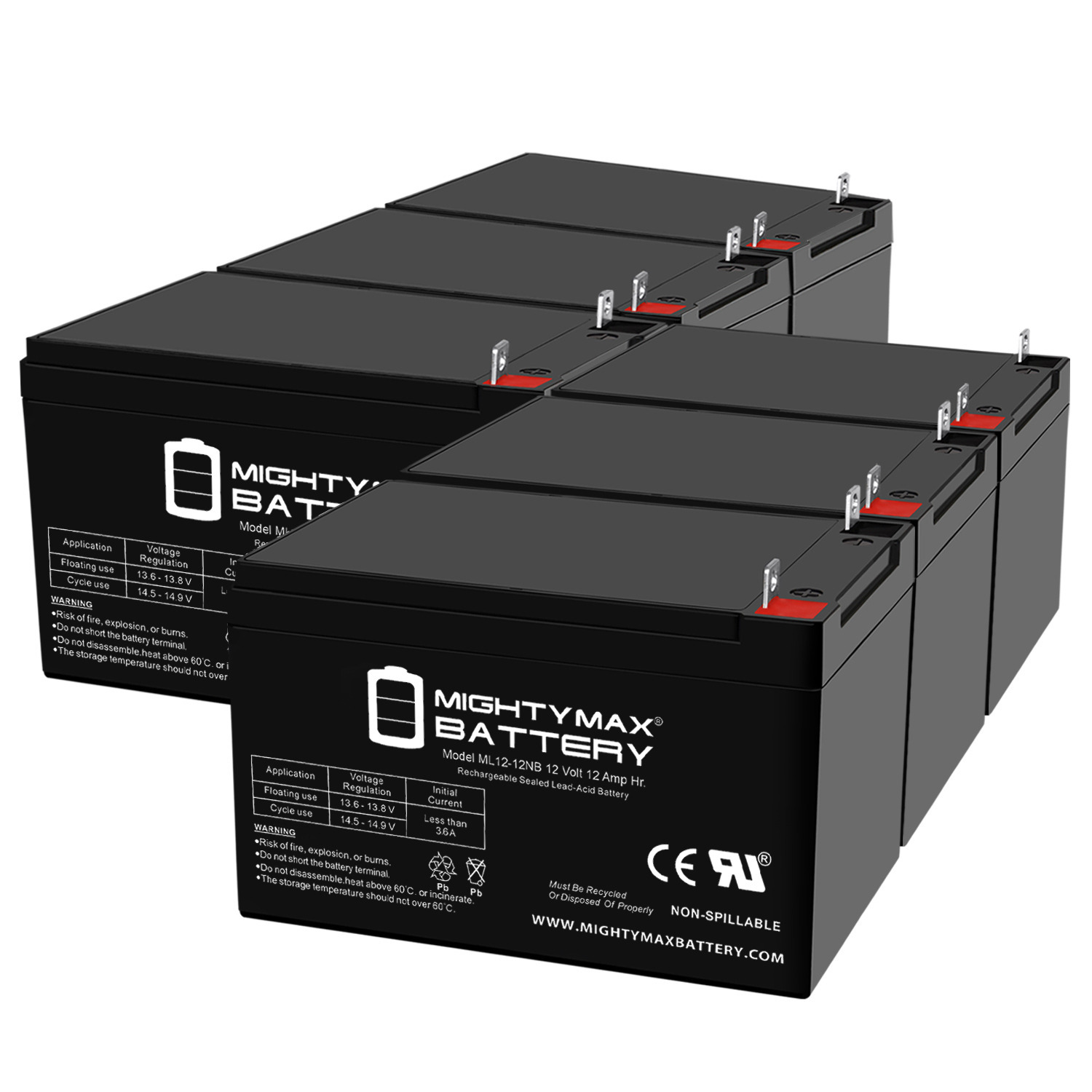 ML12-12NB - 12 Volt 15 AH, NB Terminal, Rechargeable SLA AGM Battery - 6 Pack