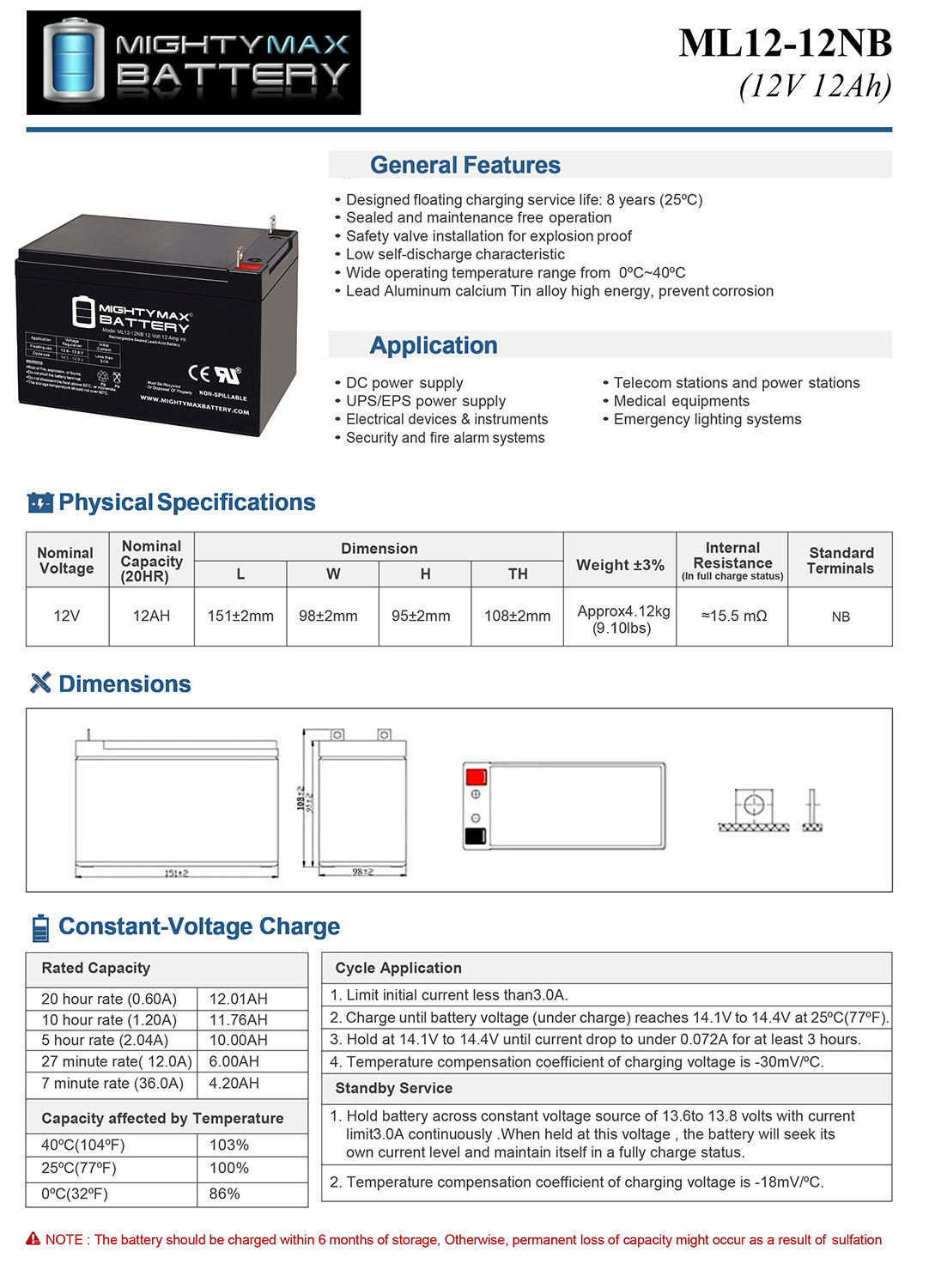 ML12-12NB - 12 Volt 15 AH, NB Terminal, Rechargeable SLA AGM Battery - 6 Pack