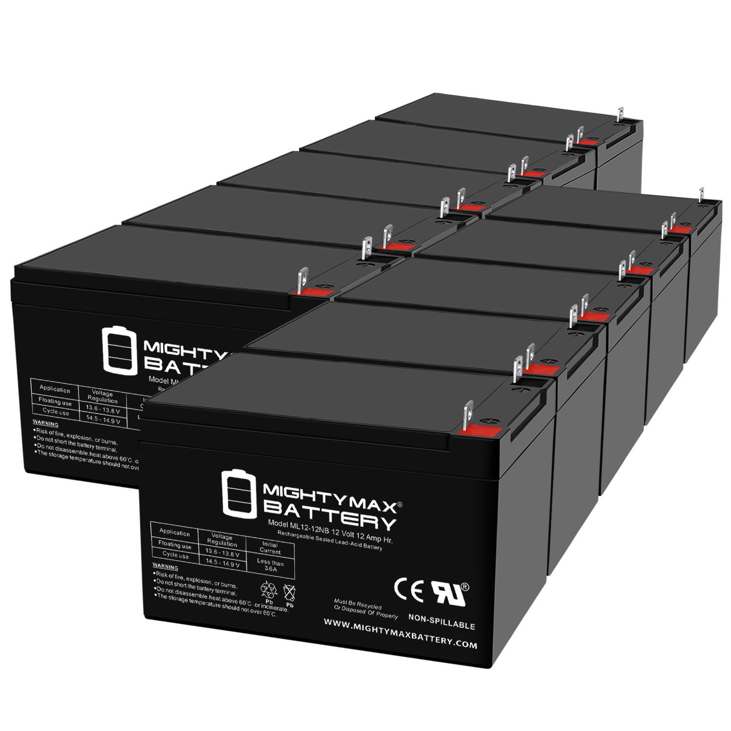 ML12-12NB - 12 Volt 15 AH, NB Terminal, Rechargeable SLA AGM Battery - 10 Pack