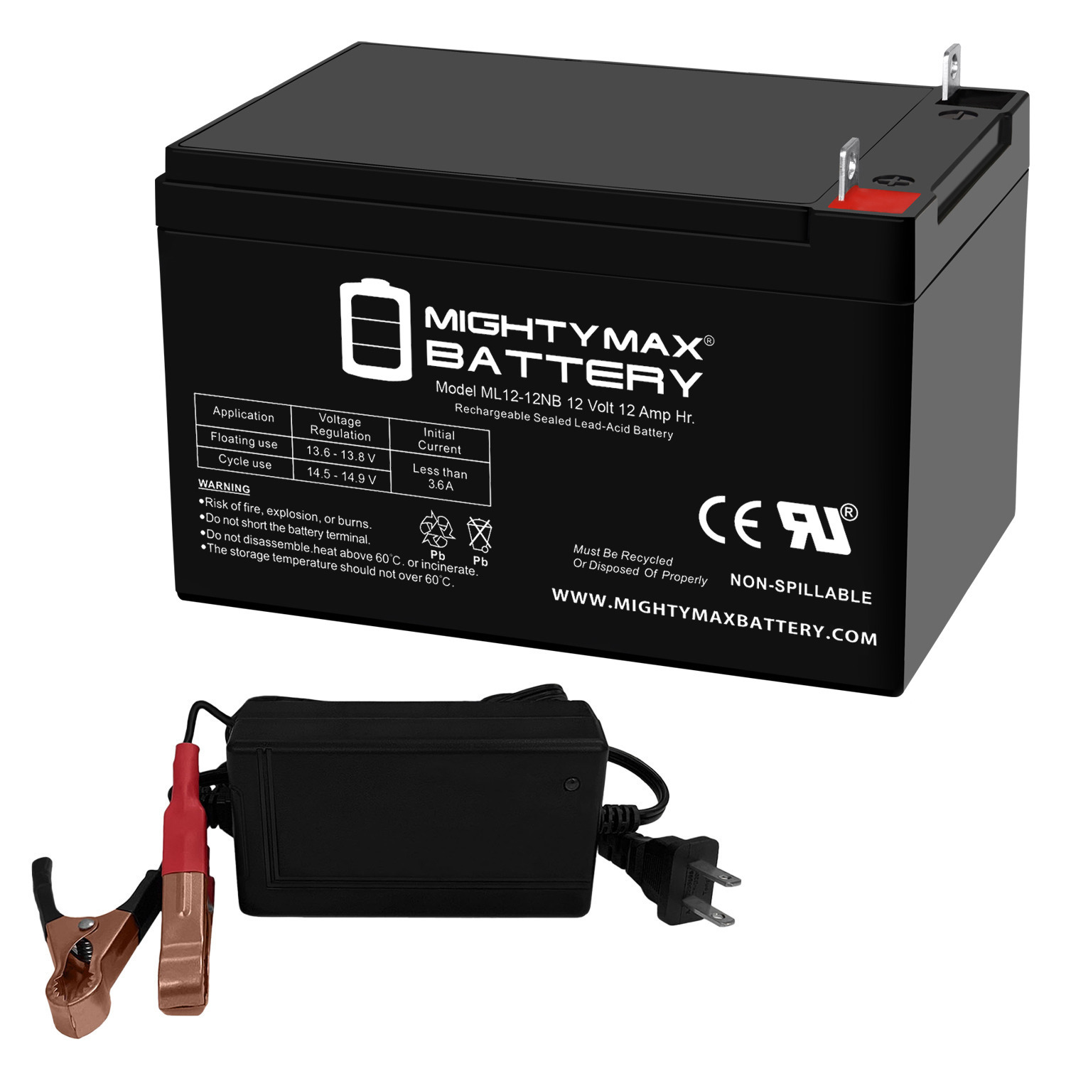 ML12-12NB - 12 Volt 12 AH, NB Terminal, Rechargeable SLA AGM Battery + 12V 4Amp Charger