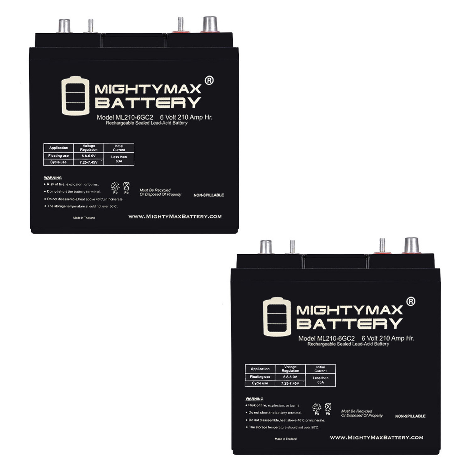 ML210-6GC2 - 6 Volt 210 AH, Dual Terminal, Rechargeable SLA AGM Battery For Golf Cart - Pack of 2